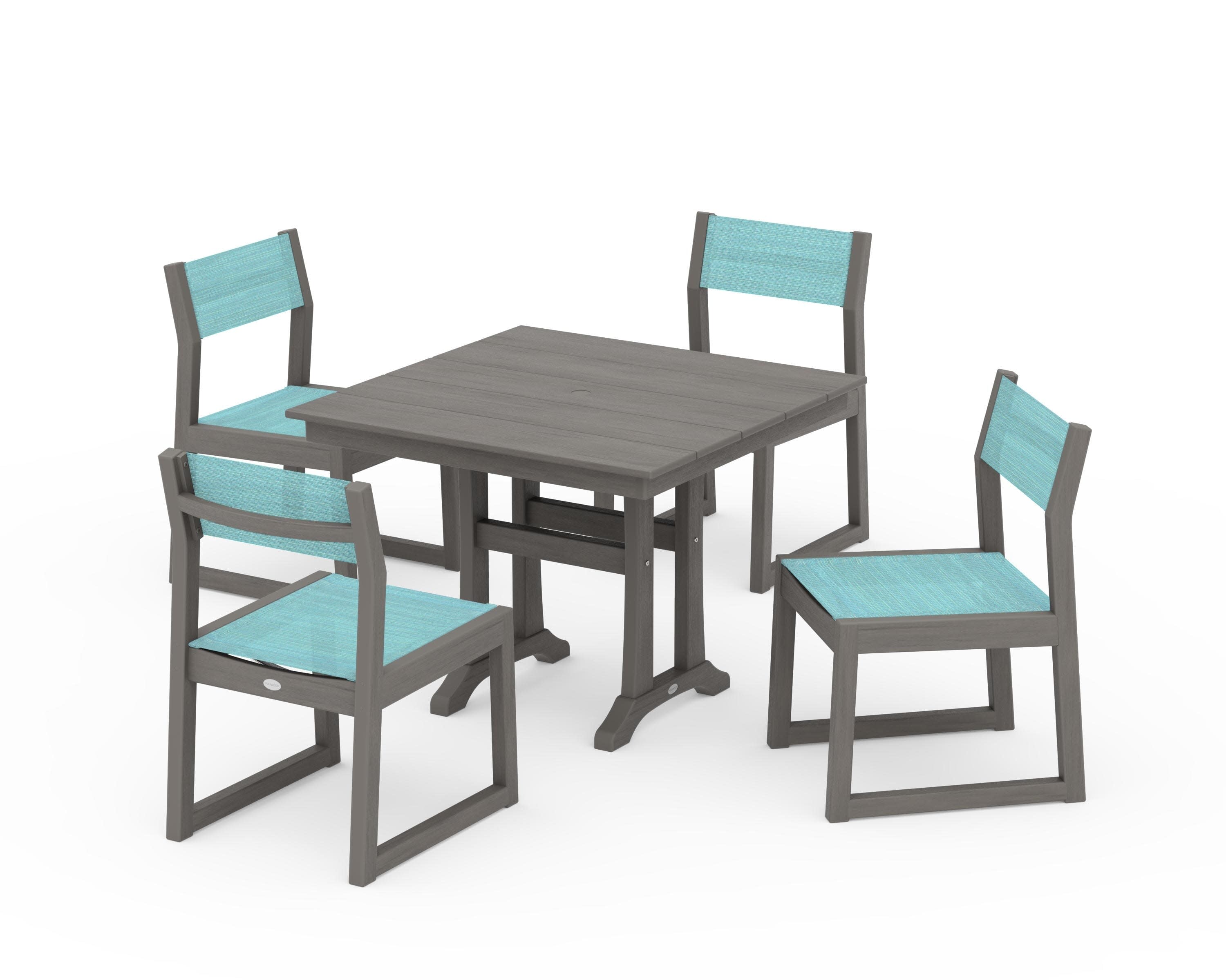 EDGE Sling 5-Piece Farmhouse Trestle Side Chair Dining Set in Driftwood / Dupioni Aquamarine Sling