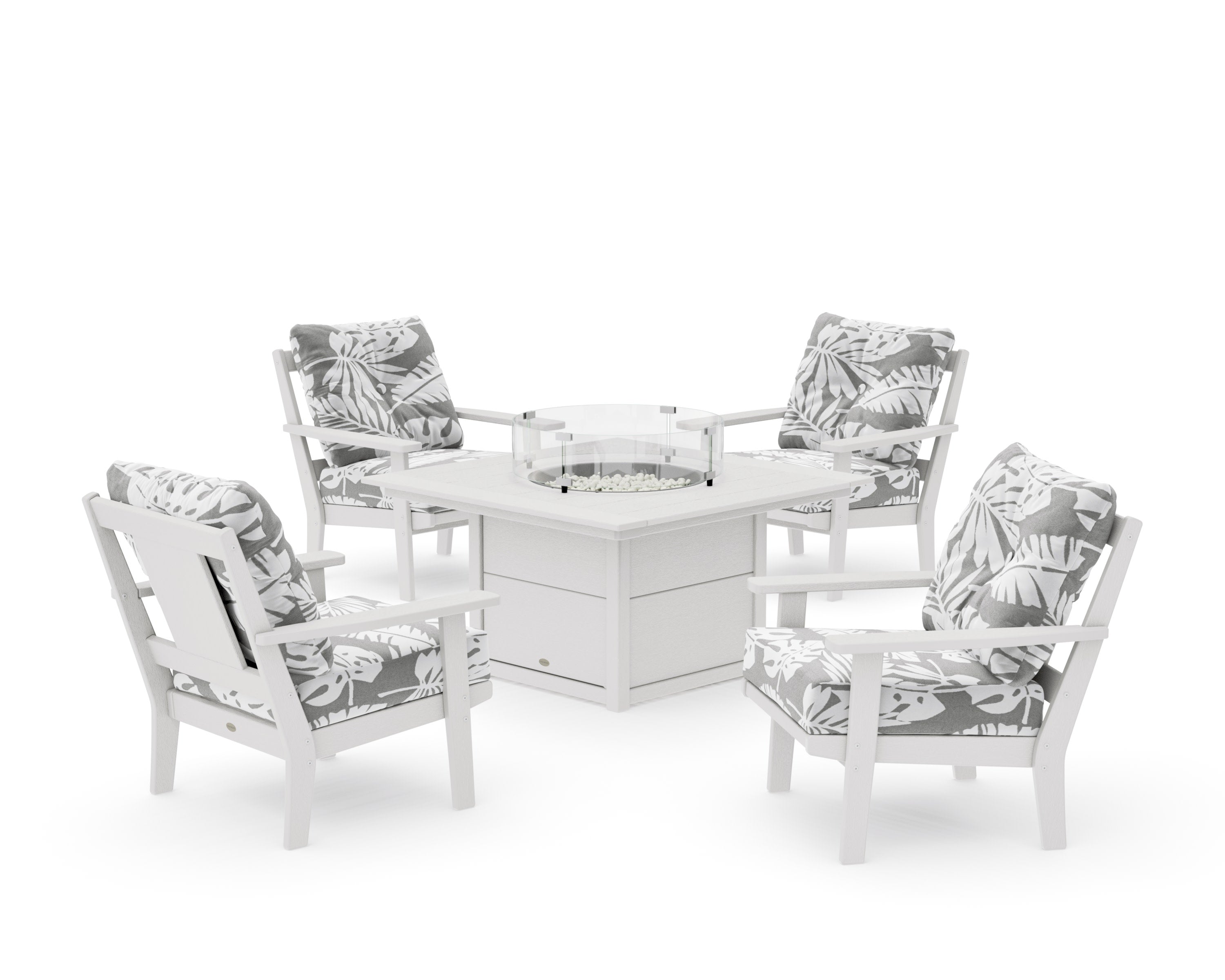 Prairie 5-Piece Deep Seating Set with Fire Pit Table in Vintage White / Leaf Grey Mist