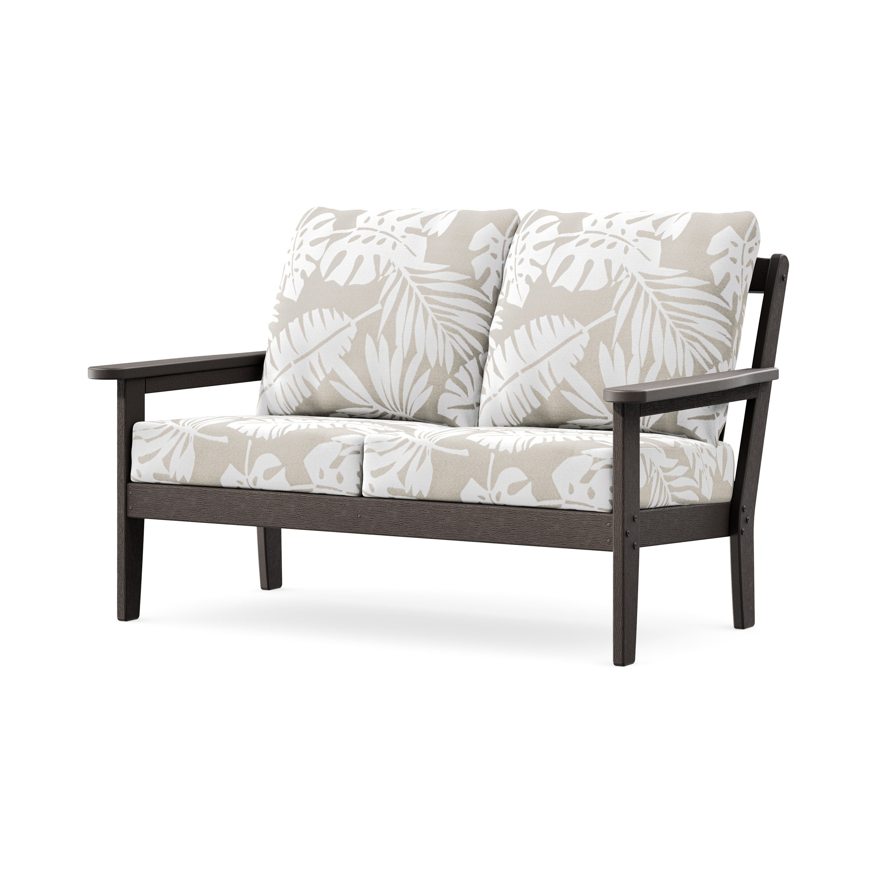 Cottage Deep Seating Loveseat in Vintage Coffee / Leaf Dune Burlap