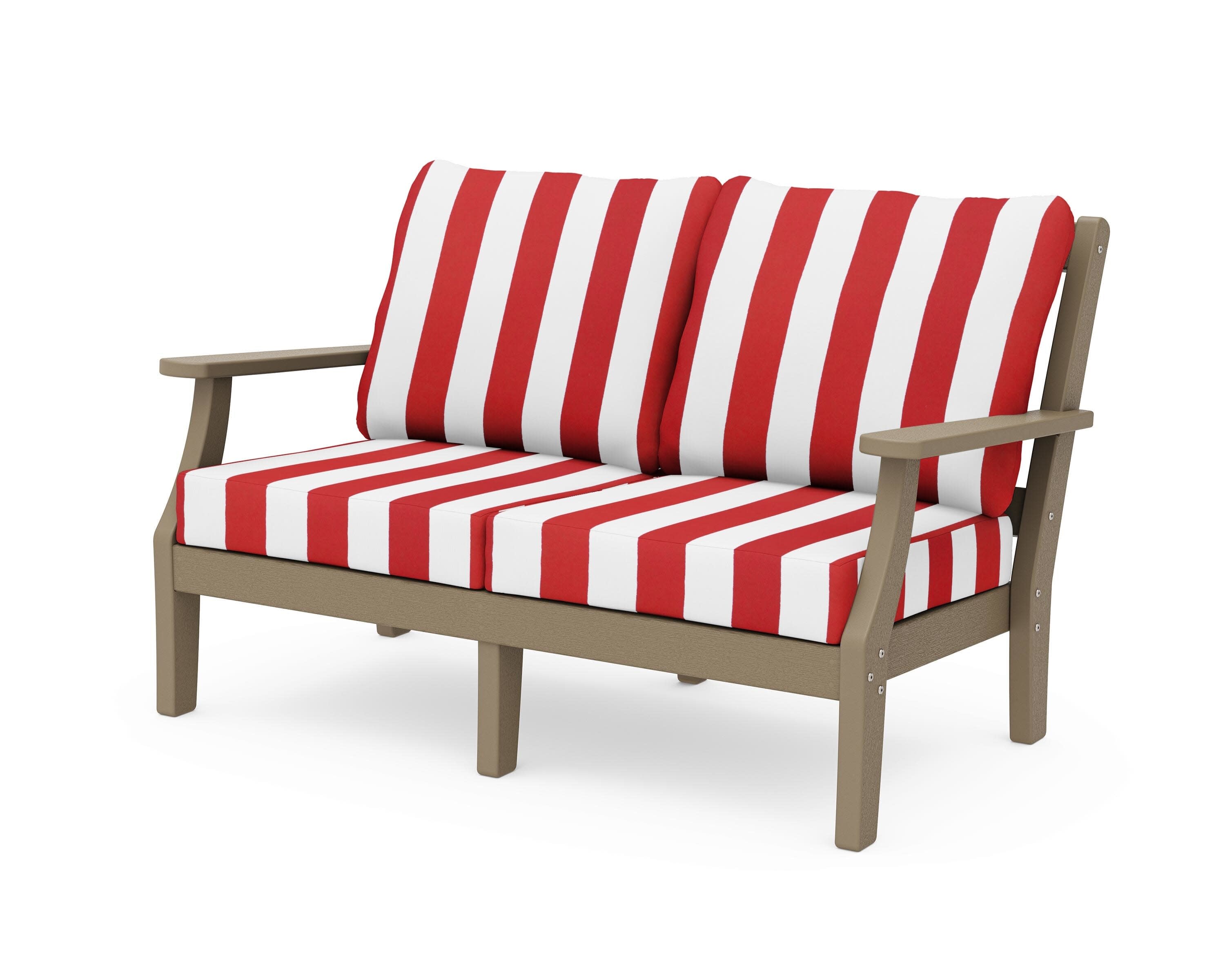 Chinoiserie Deep Seating Loveseat in Vintage Sahara / Cabana Stripe Crimson