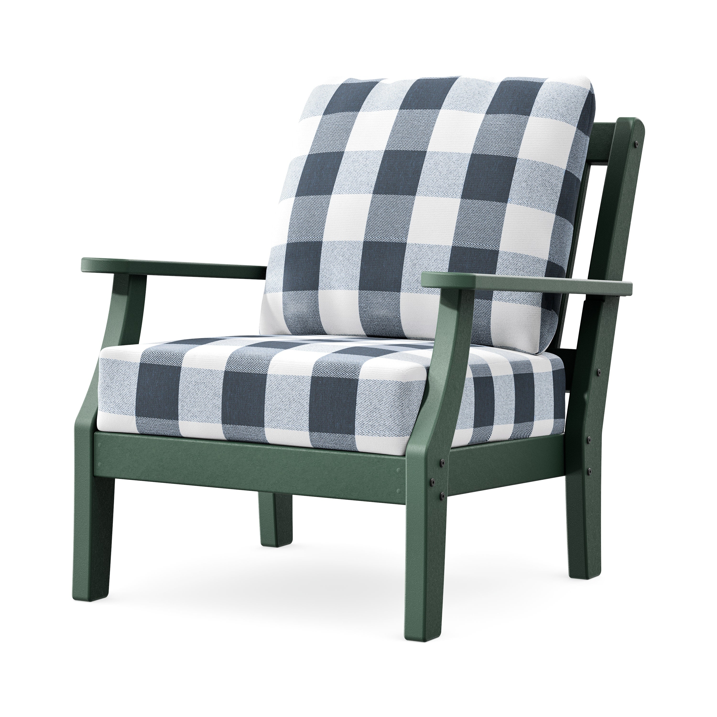 Chinoiserie Deep Seating Chair in Green / Buffalo Plaid Marine Indigo