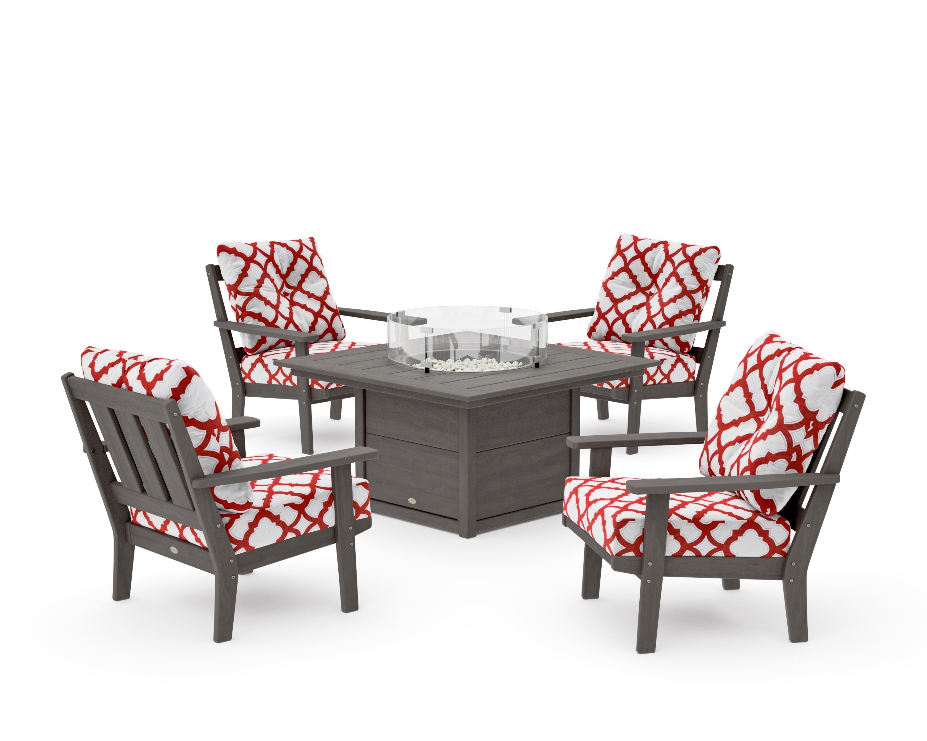 Oxford 5-Piece Deep Seating Set with Fire Pit Table in Driftwood / Trellis Crimson