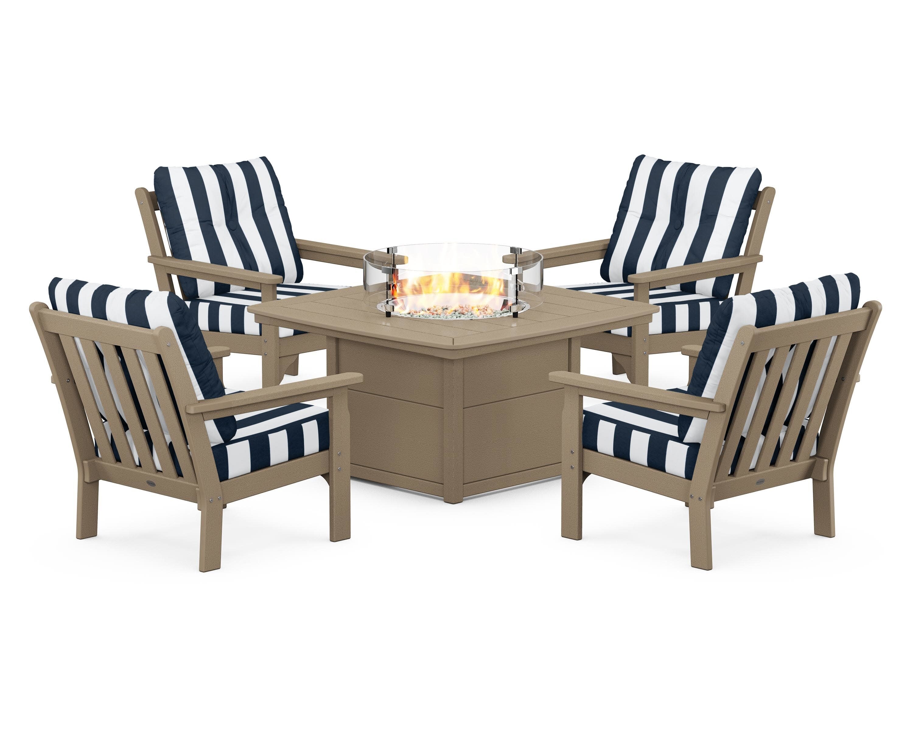 Vineyard 5-Piece Conversation Set with Fire Pit Table in Vintage Sahara / Cabana Stripe Marine Indigo