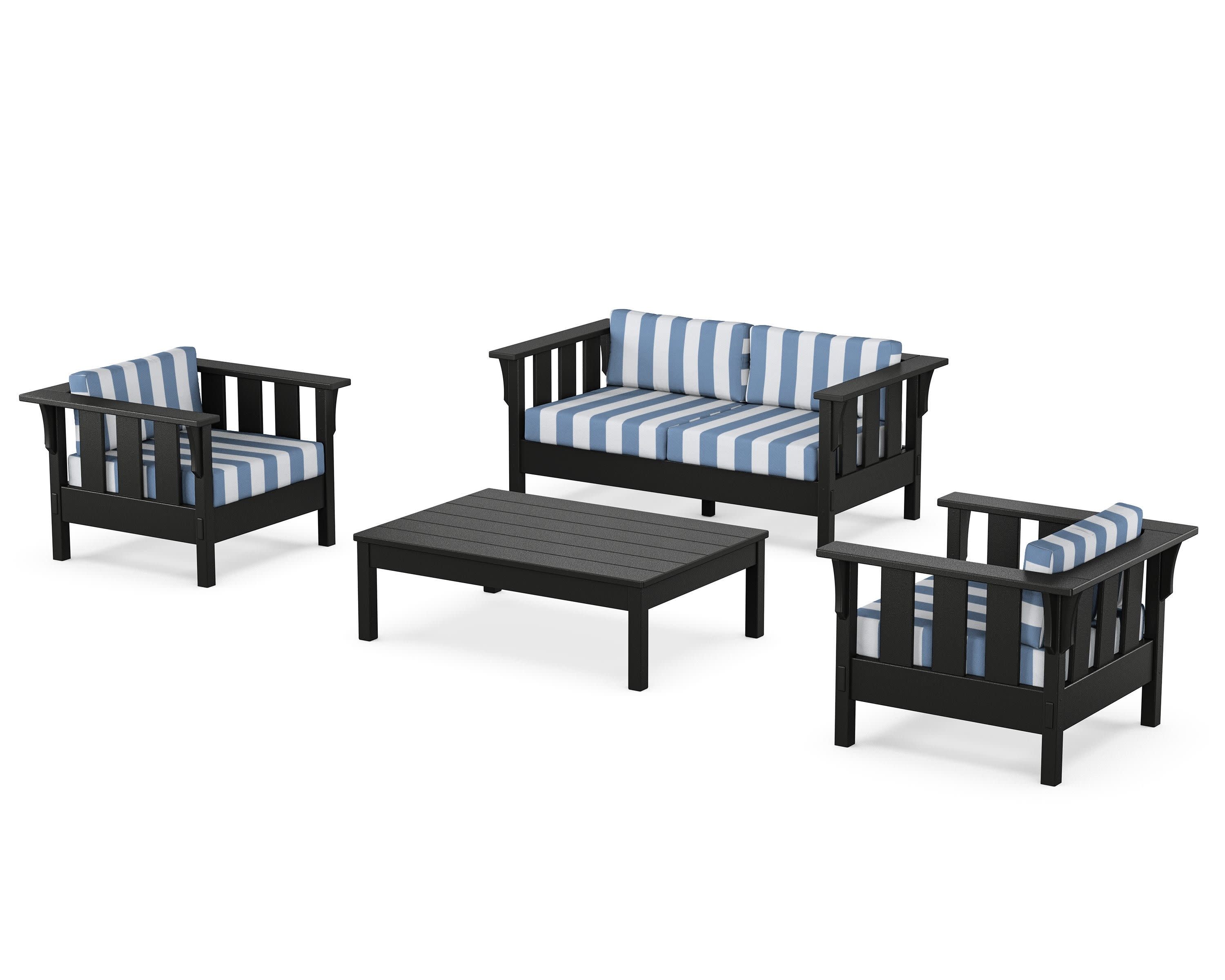 Acadia 4-Piece Deep Seating Set with Loveseat in Black / Cabana Stripe Sky Blue