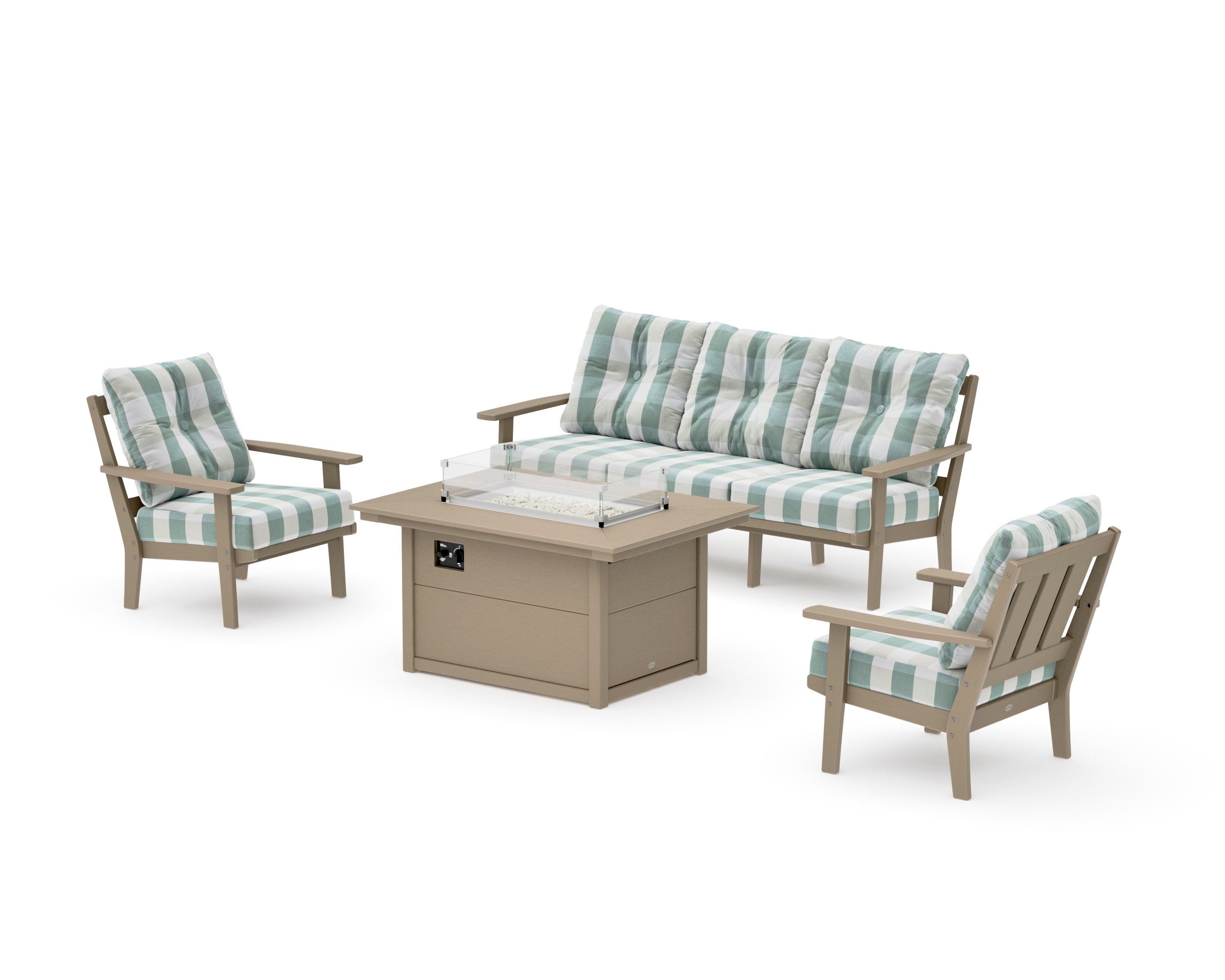 Oxford Deep Seating Fire Pit Table Set in Vintage Sahara / Buffalo Plaid Glacier Spa