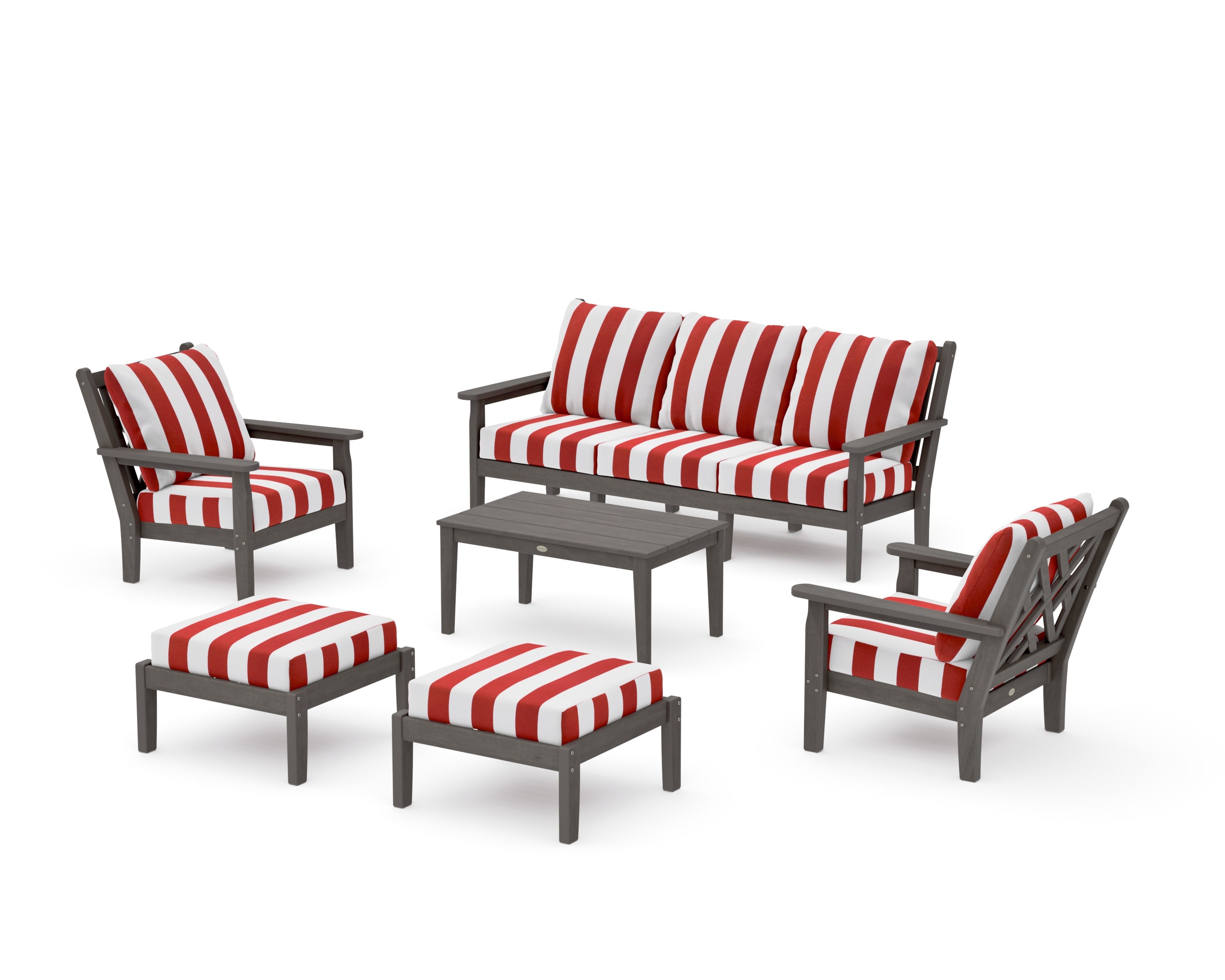 Chippendale 6-Piece Lounge Sofa Set in Driftwood / Cabana Stripe Crimson