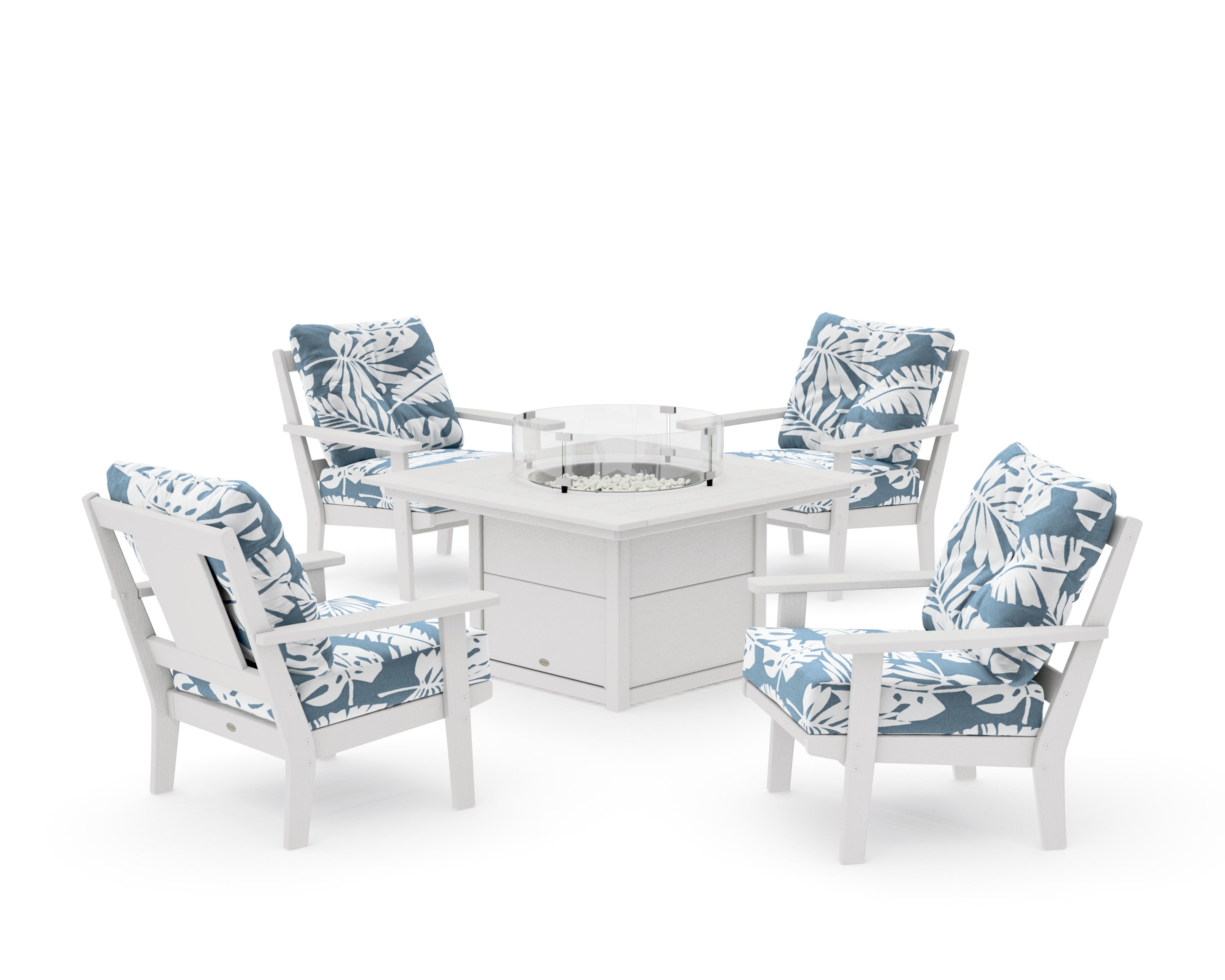 Prairie 5-Piece Deep Seating Set with Fire Pit Table in Vintage White / Leaf Sky Blue