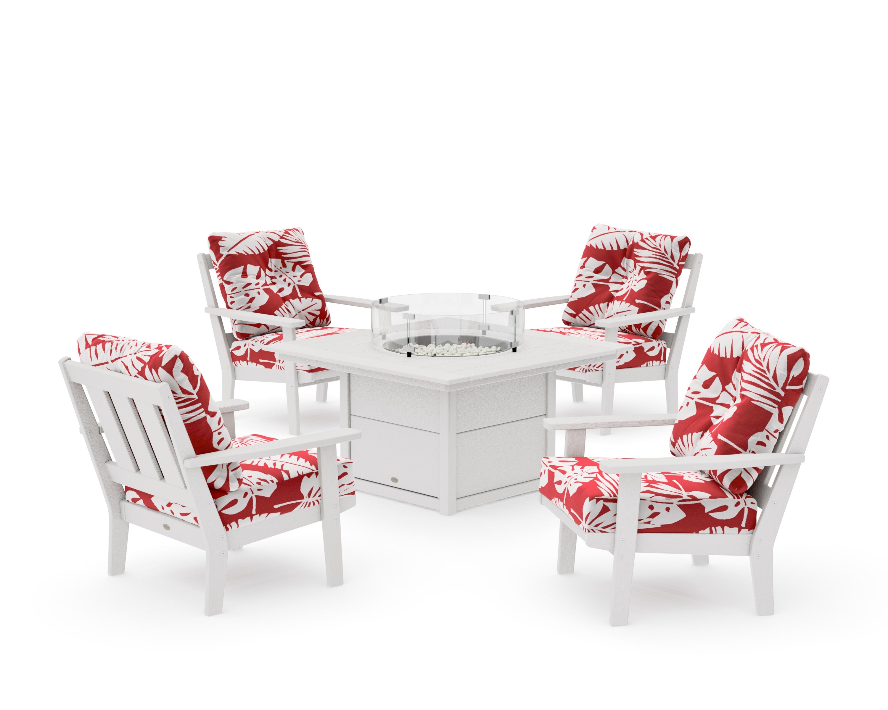 Oxford 5-Piece Deep Seating Set with Fire Pit Table in Vintage White / Leaf Crimson