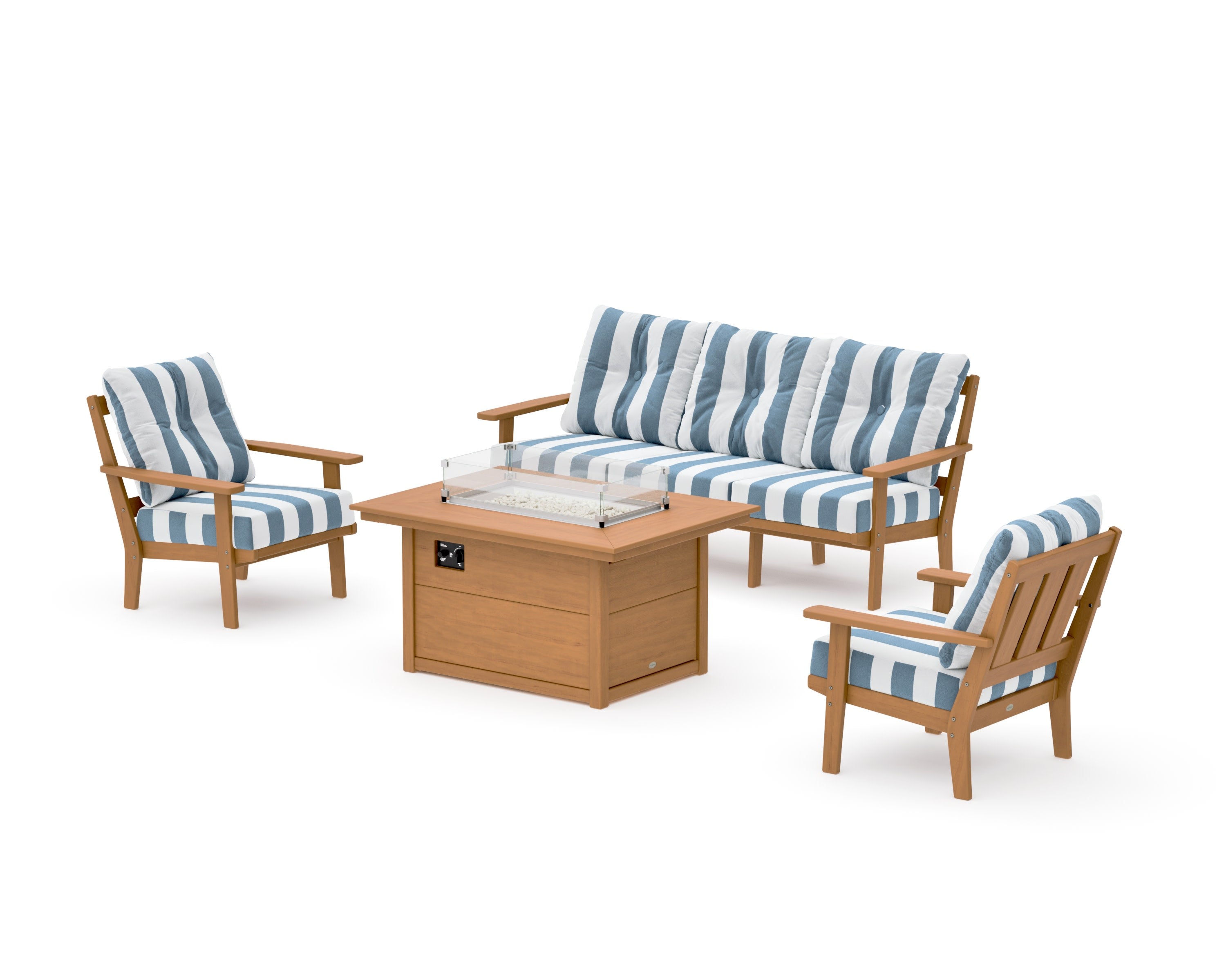 Oxford Deep Seating Fire Pit Table Set in Natural / Cabana Stripe Sky Blue