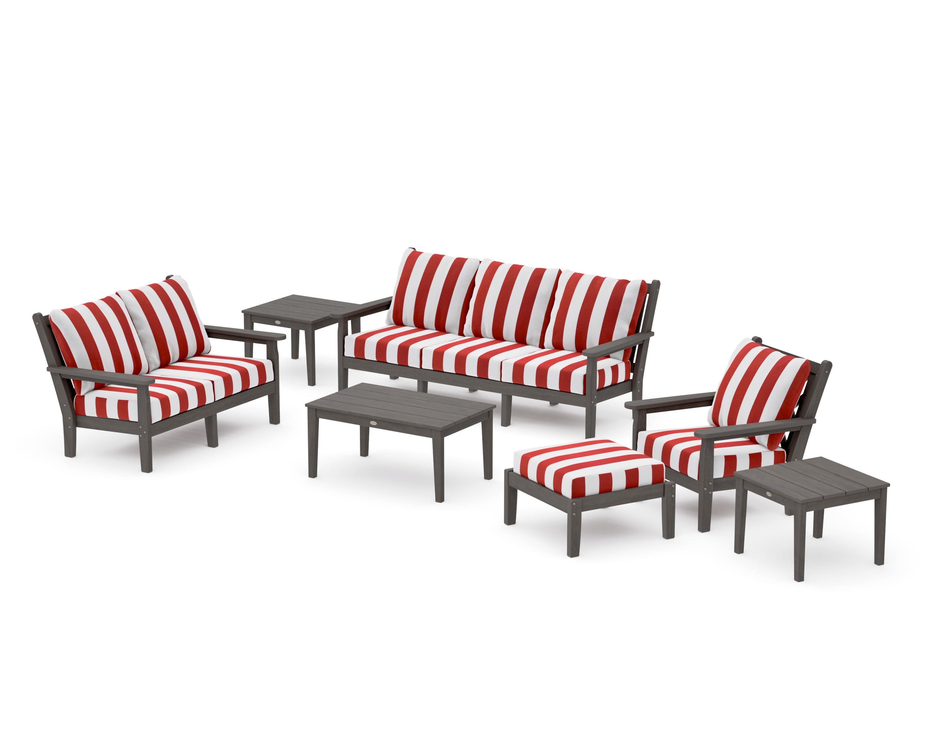 Chippendale 7-Piece Deep Seating Set in Driftwood / Cabana Stripe Crimson
