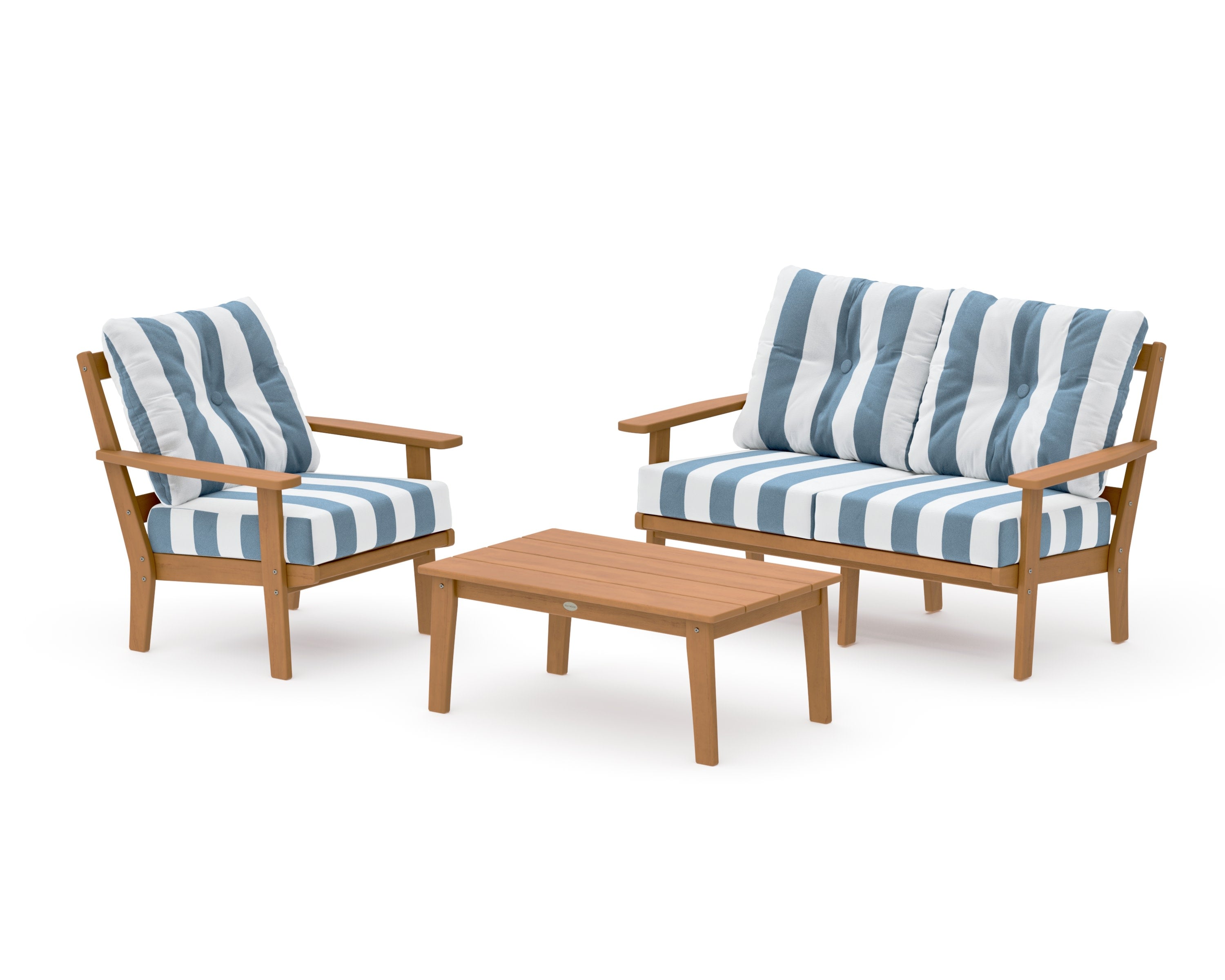 Prairie 3-Piece Deep Seating Set with Loveseat in Natural / Cabana Stripe Sky Blue