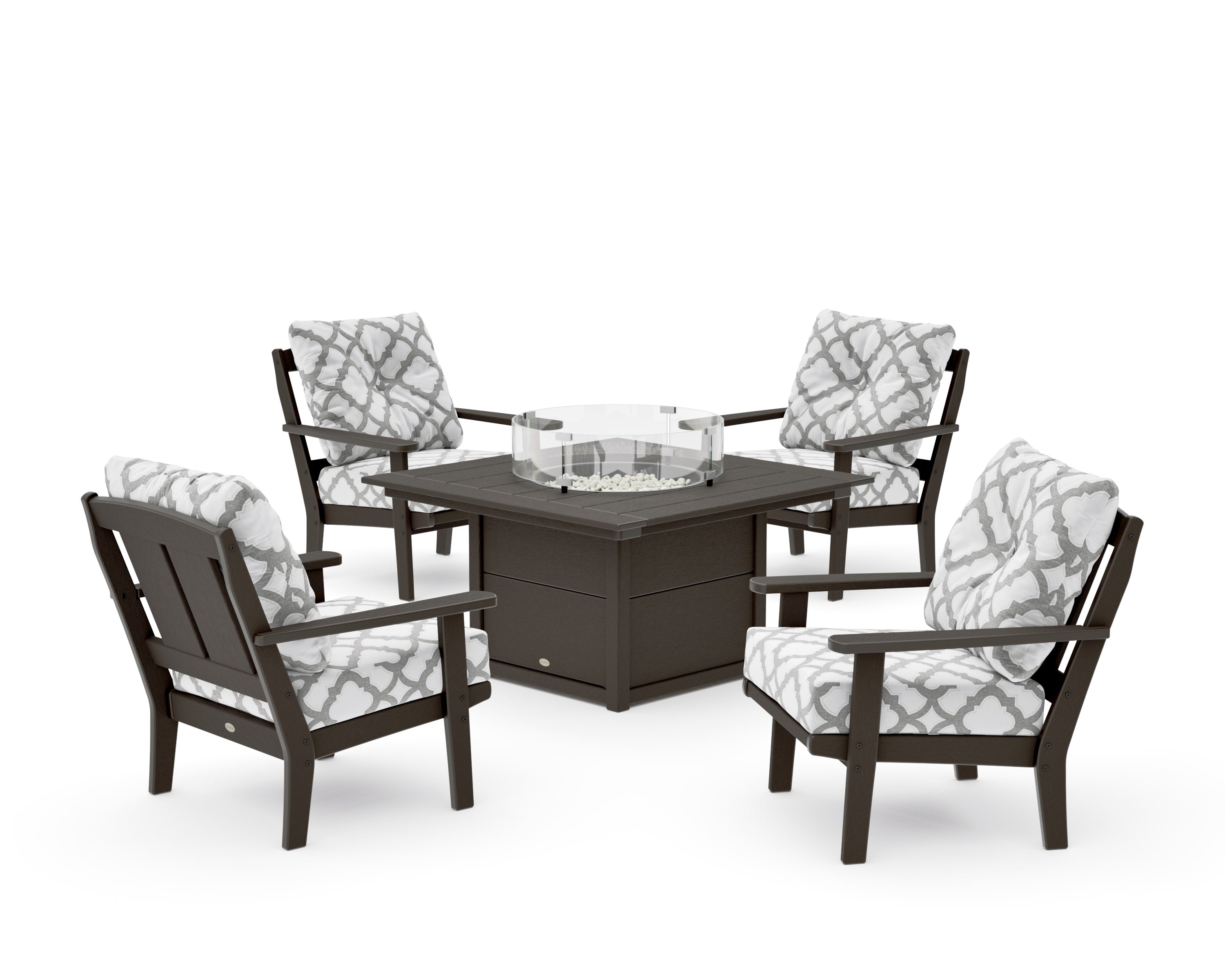 Mission 5-Piece Deep Seating Set with Fire Pit Table in Vintage Coffee / Trellis Grey Mist