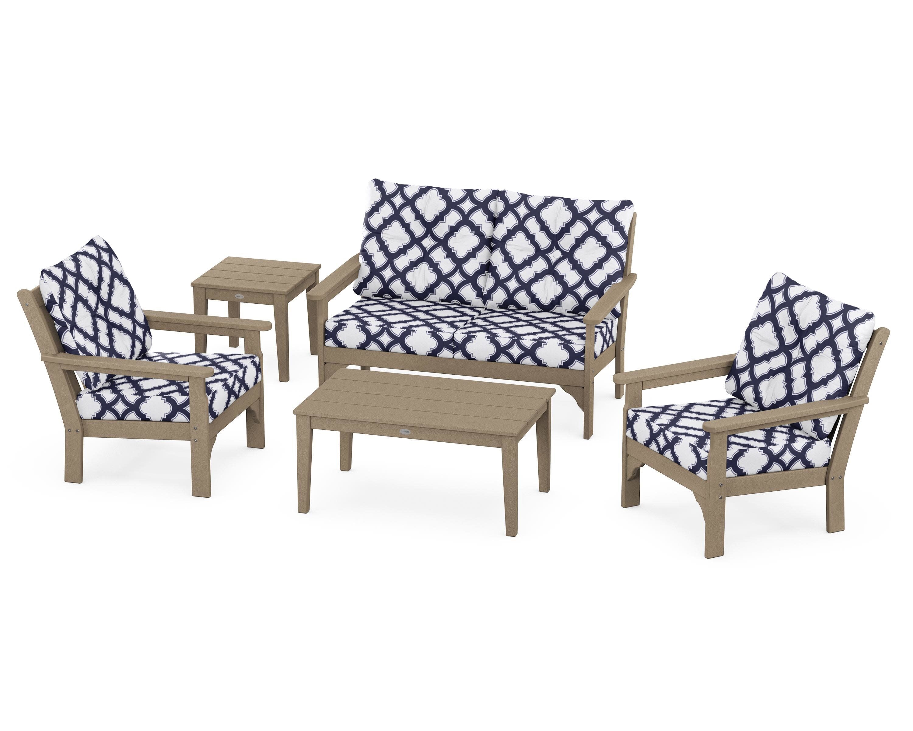 Vineyard 5-Piece Deep Seating Set in Vintage Sahara / Trellis Navy