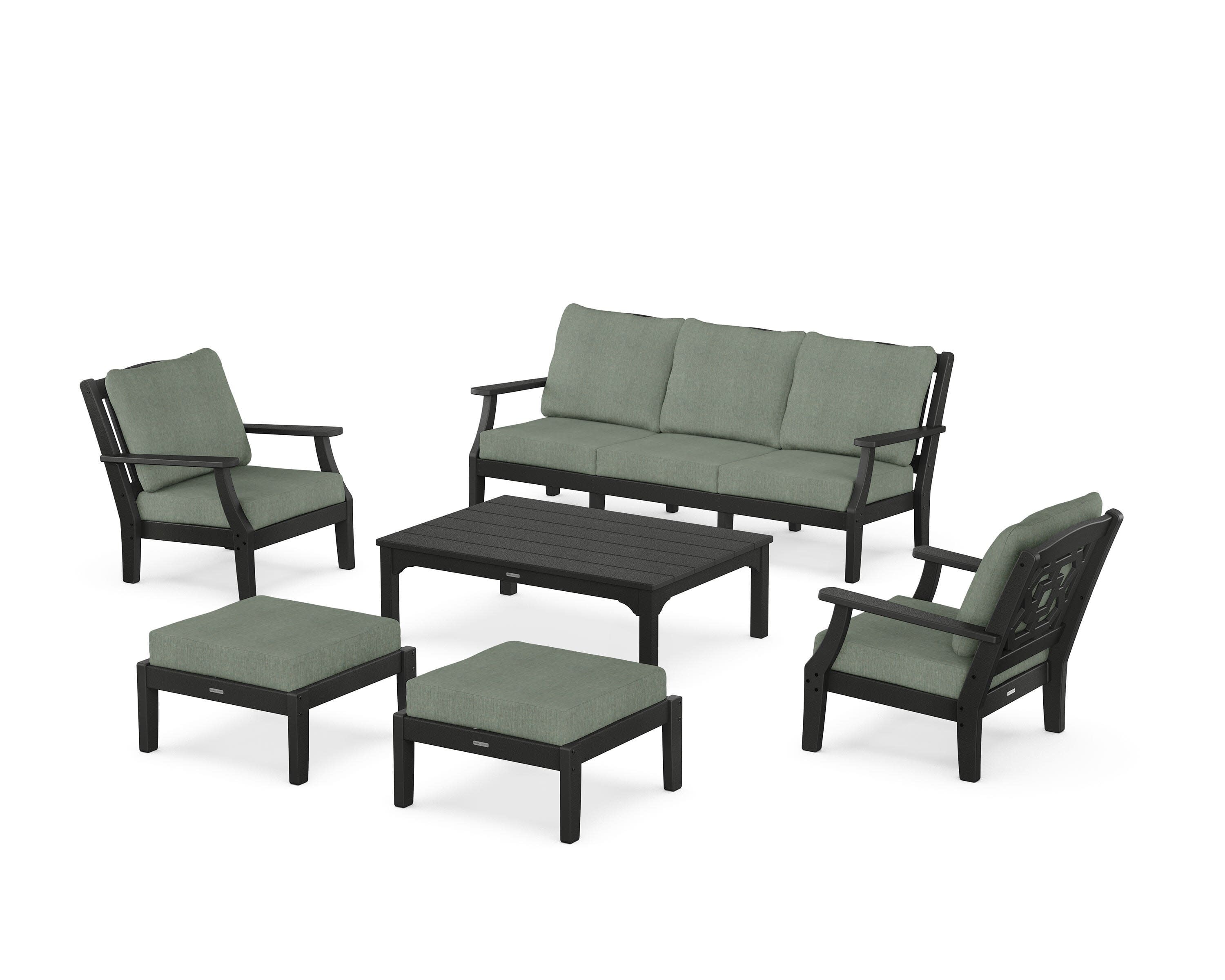 Chinoiserie 6-Piece Lounge Sofa Set in Black / Cast Sage