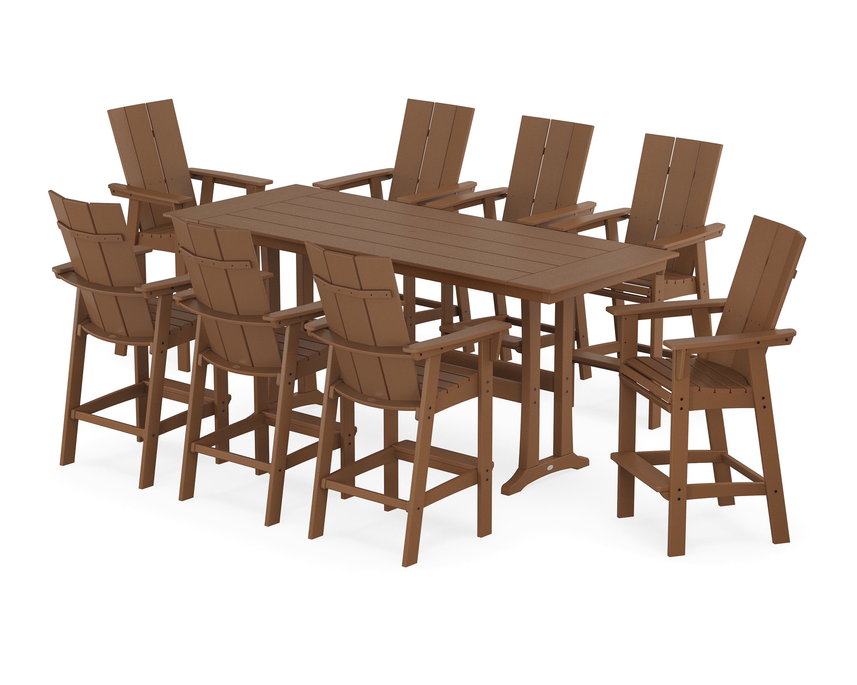 Modern Curveback Adirondack 9-Piece Farmhouse Bar Set with Trestle Legs in Teak