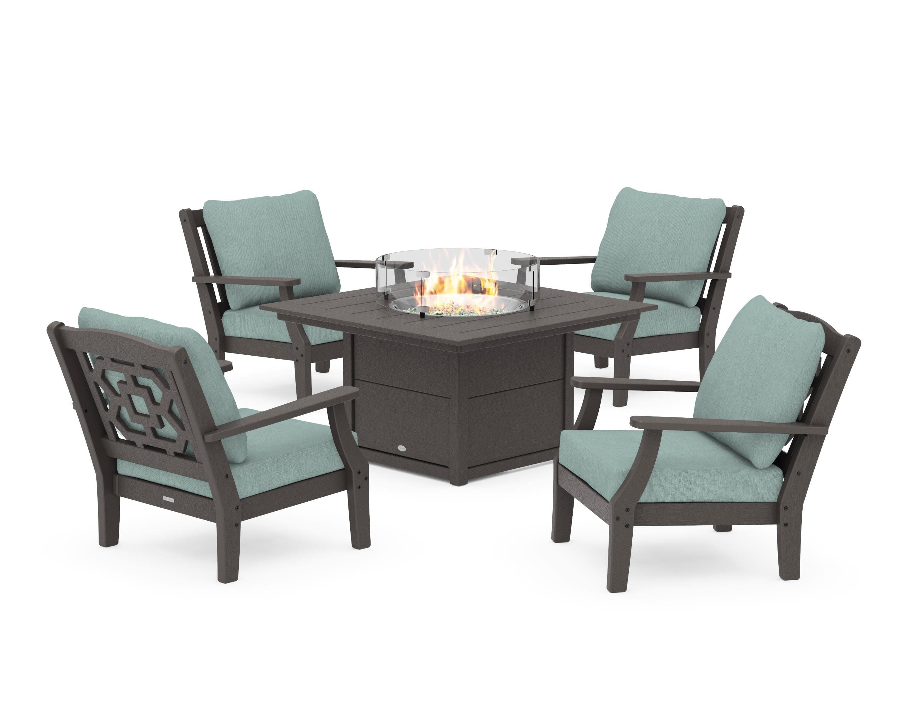 Chinoiserie 5-Piece Deep Seating Set with Fire Pit Table in Vintage Coffee / Glacier Spa