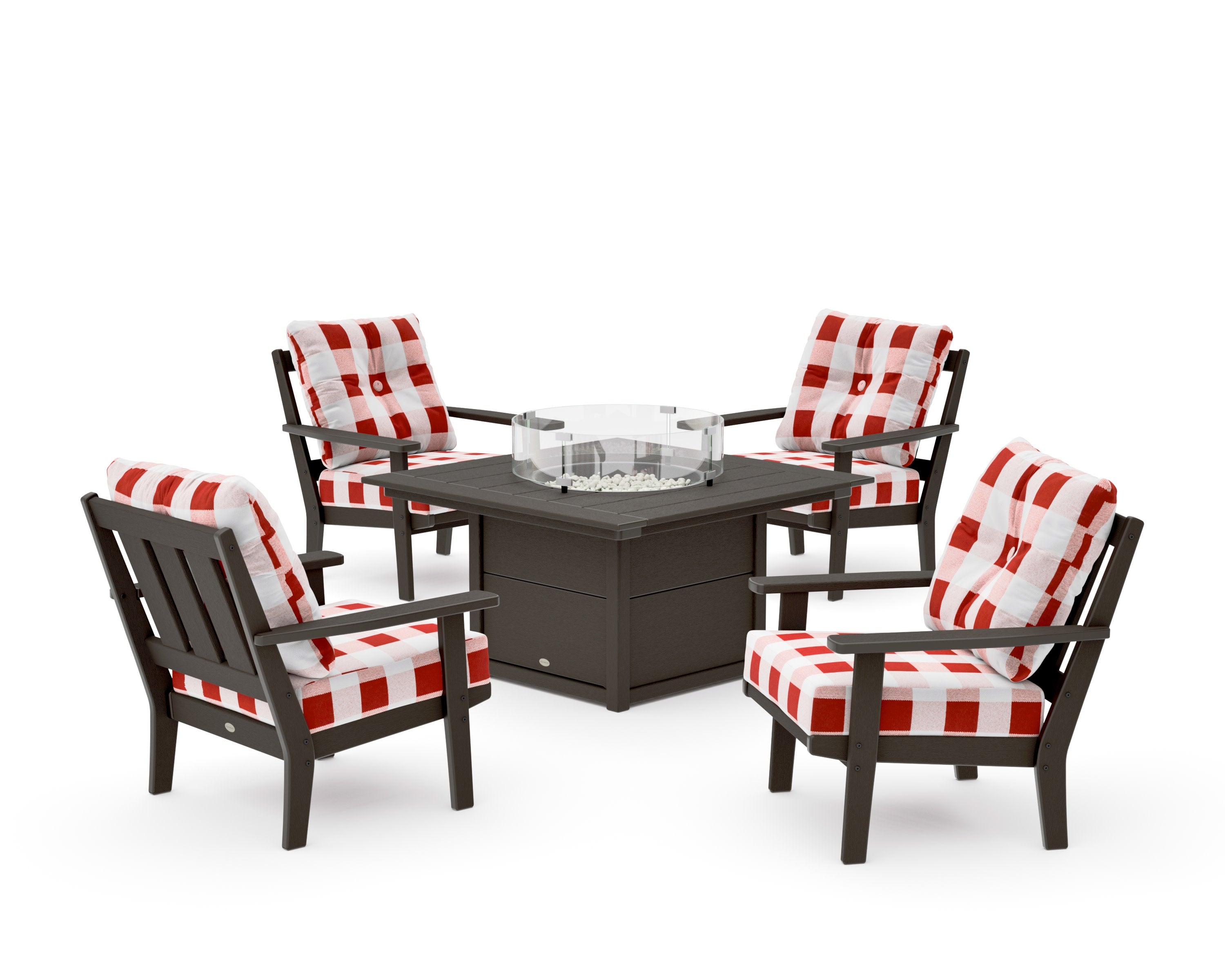 Oxford 5-Piece Deep Seating Set with Fire Pit Table in Vintage Coffee / Buffalo Plaid Crimson