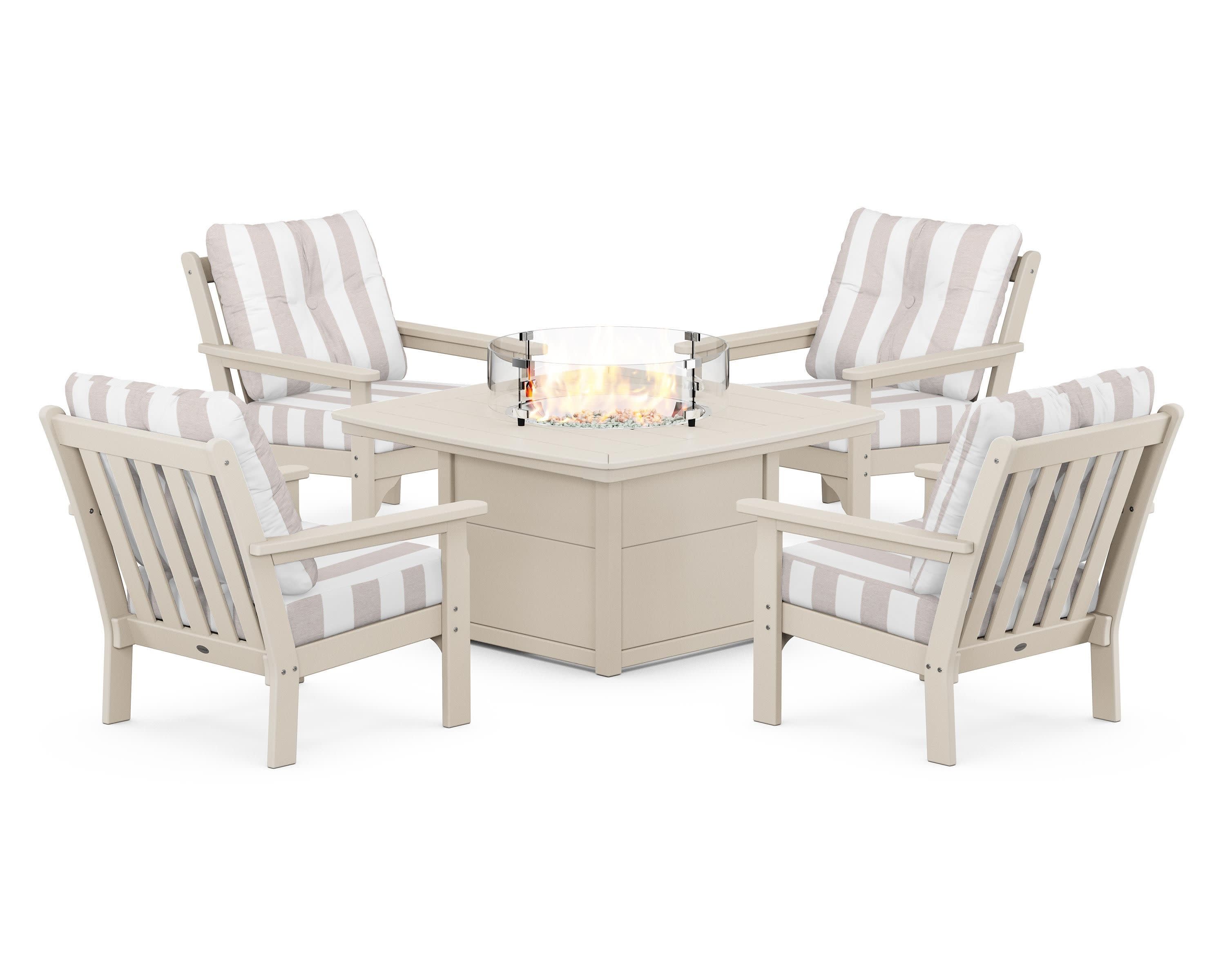 Vineyard 5-Piece Conversation Set with Fire Pit Table in Sand / Cabana Stripe Dune Burlap