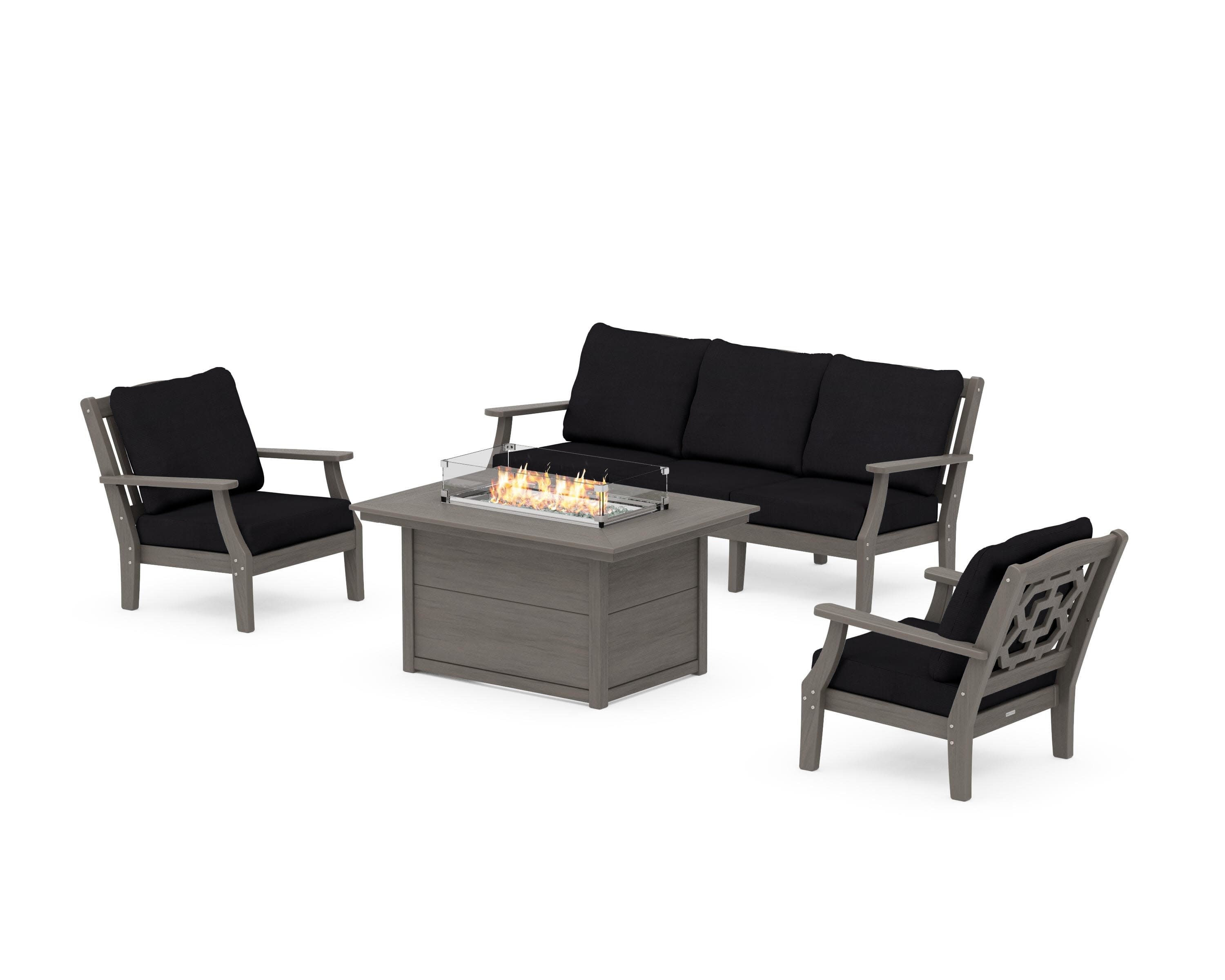 Chinoiserie Deep Seating Fire Pit Table Set in Driftwood / Midnight Linen