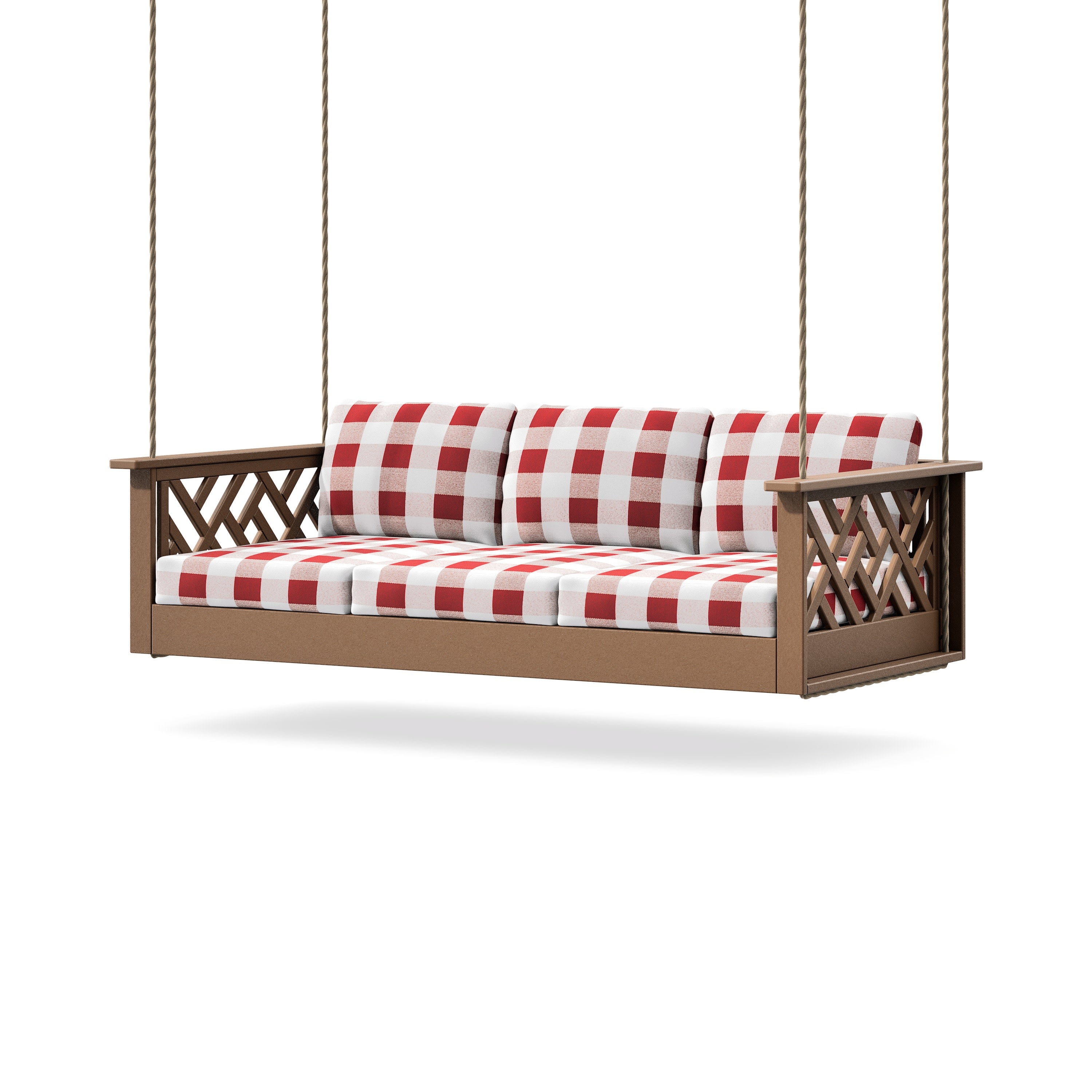 Chippendale Daybed Swing in Teak / Buffalo Plaid Crimson
