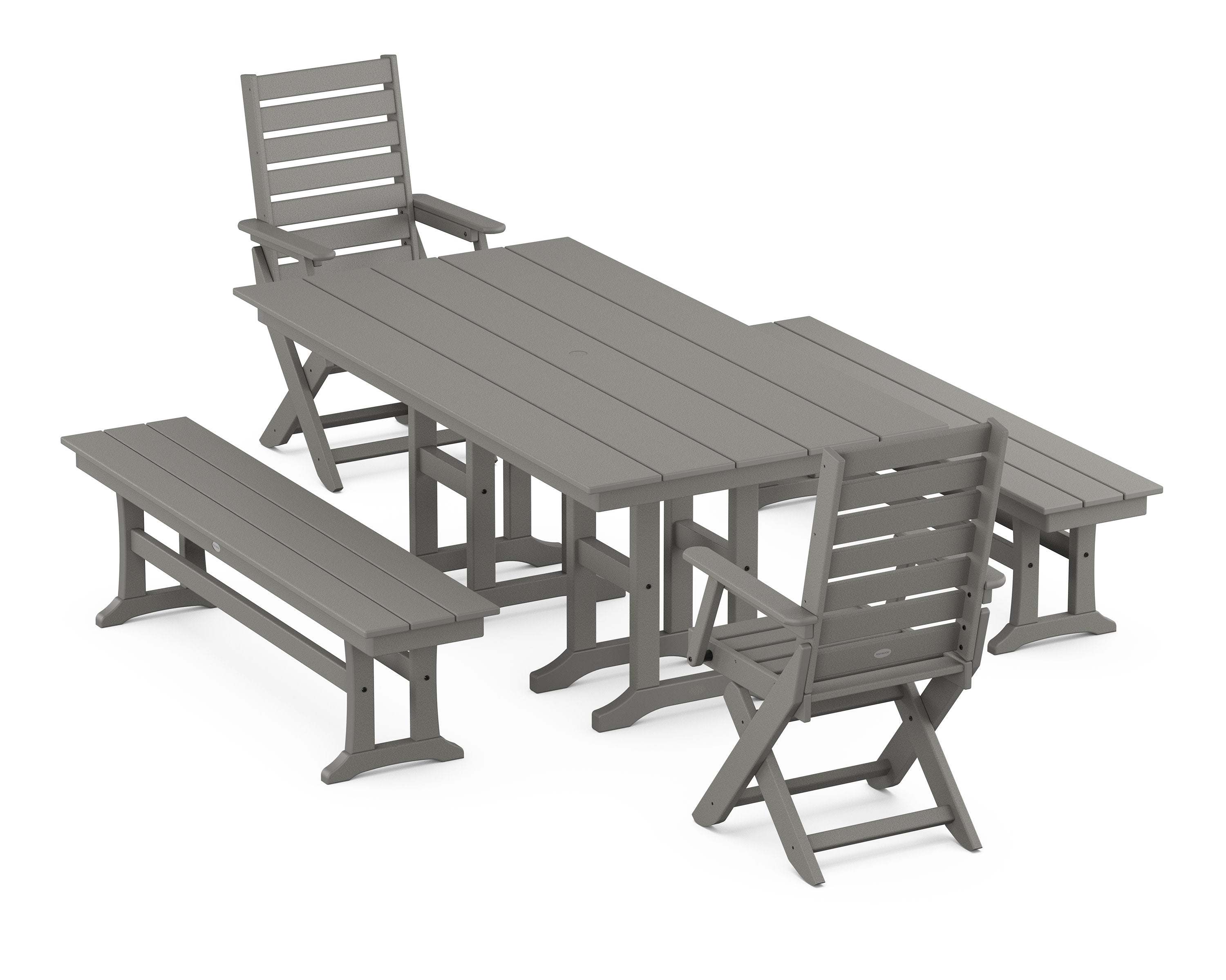 Captain Folding Chair 5-Piece Farmhouse Dining Set with Benches in Slate Grey
