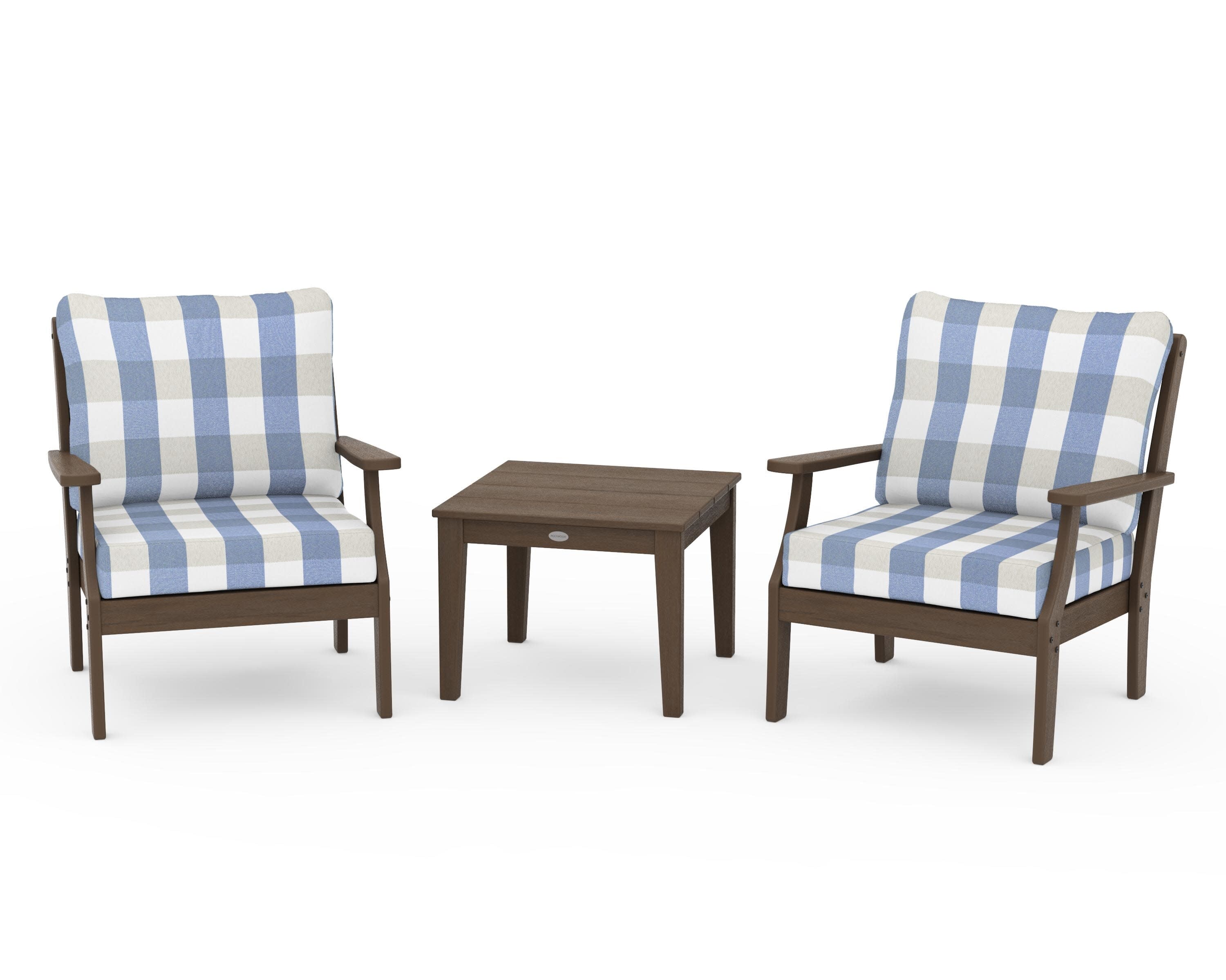 Braxton 3-Piece Deep Seating Set in Kona / Buffalo Plaid Sky Blue