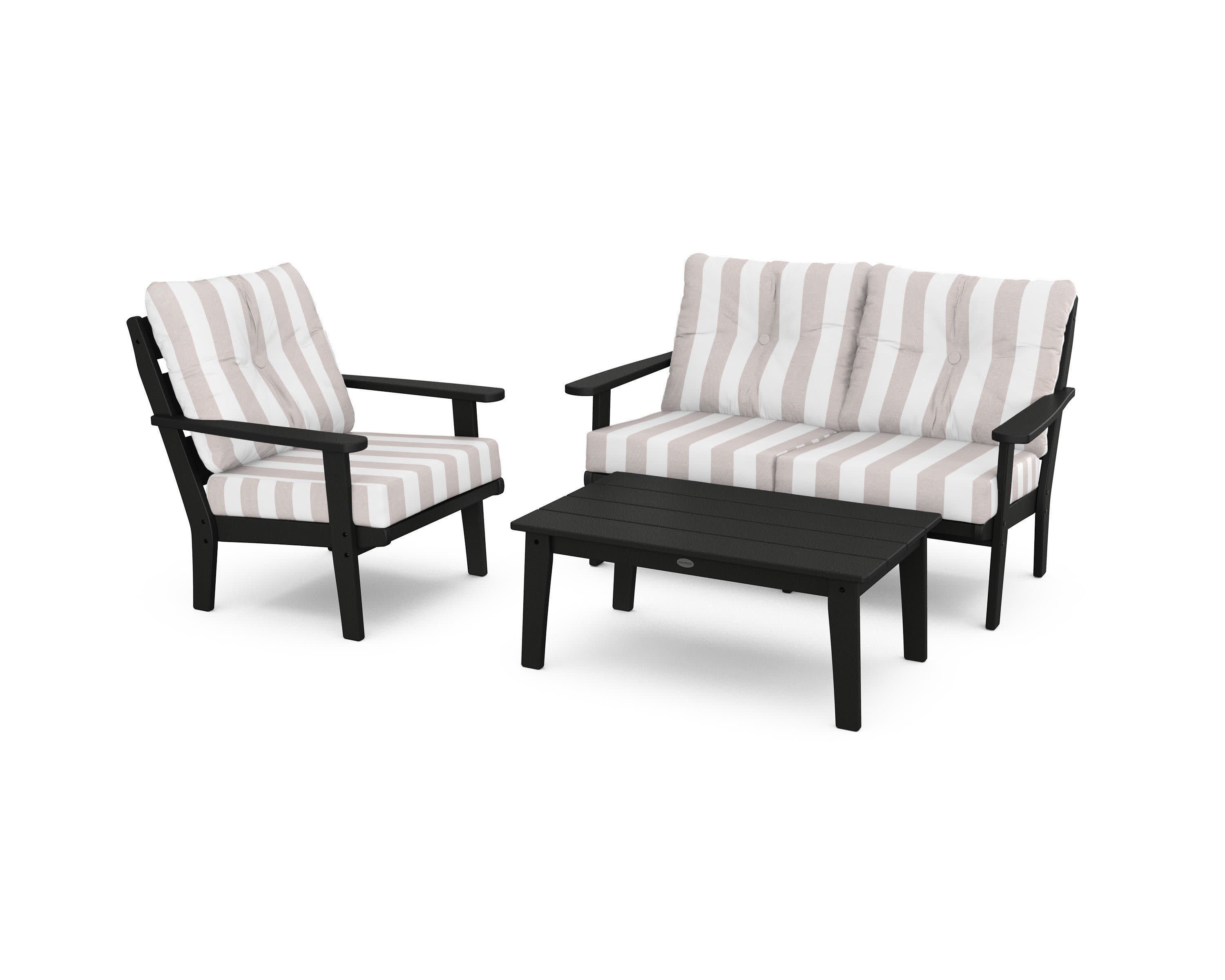 Lakeside 3-Piece Deep Seating Set in Black / Cabana Stripe Dune Burlap