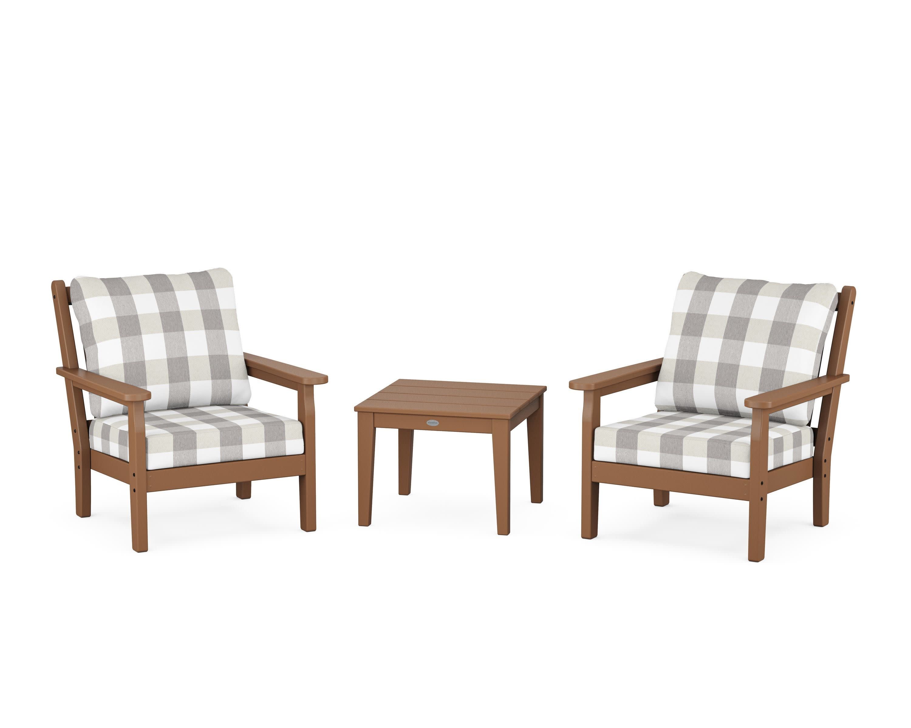 Chippendale 3-Piece Deep Seating Set in Teak / Buffalo Plaid Grey Mist