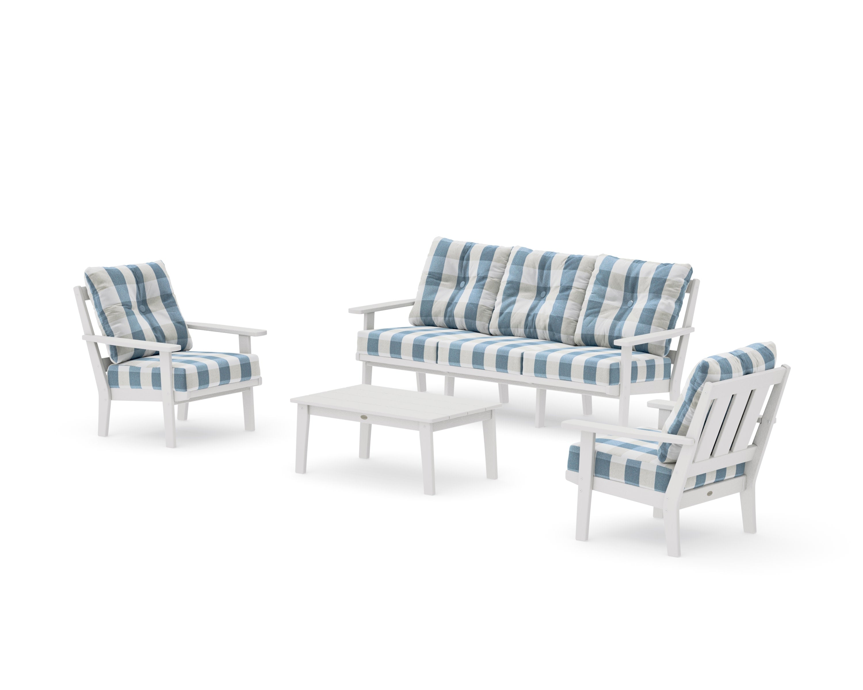 Oxford 4-Piece Deep Seating Set with Sofa in Vintage White / Buffalo Plaid Sky Blue