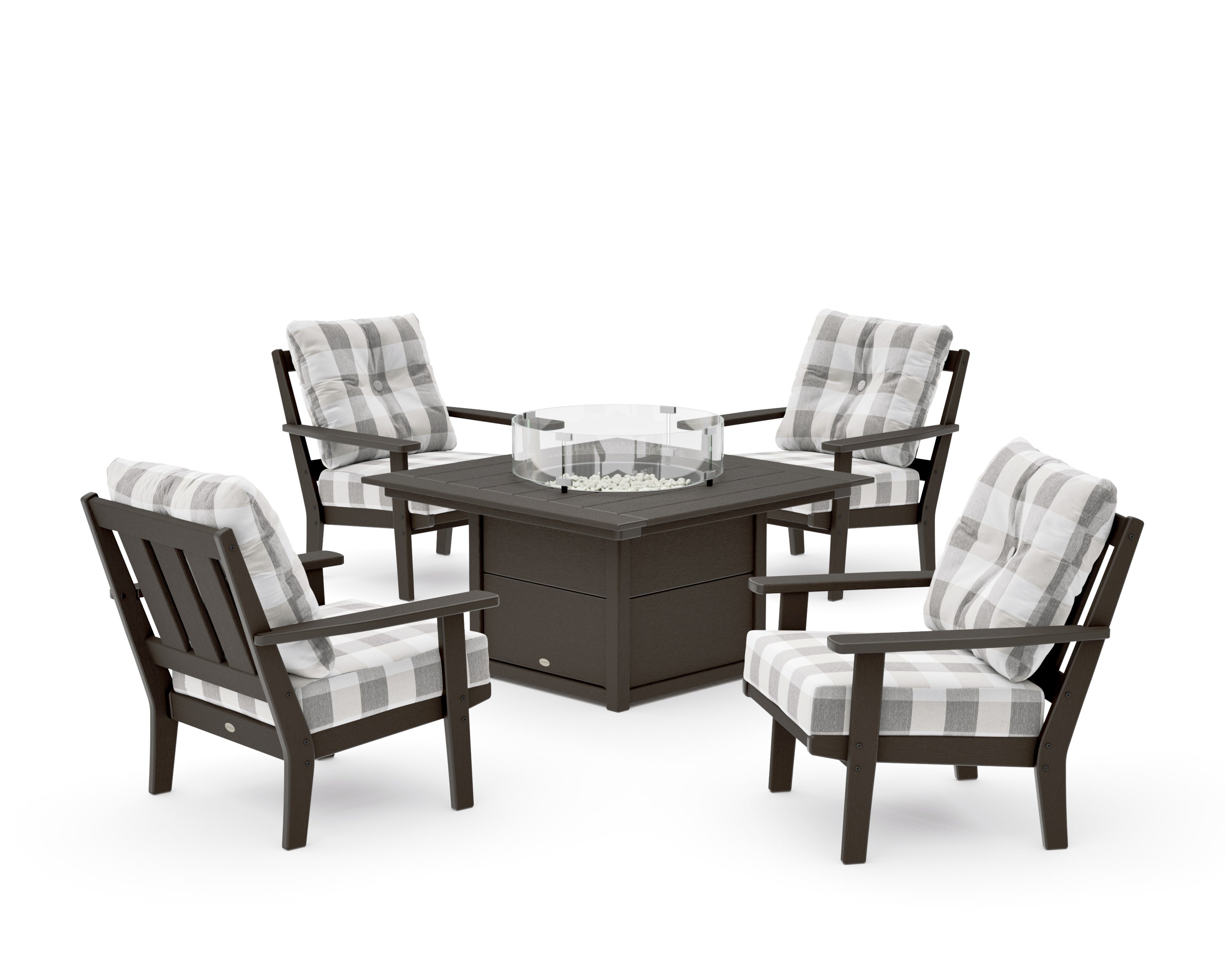 Oxford 5-Piece Deep Seating Set with Fire Pit Table in Vintage Coffee / Buffalo Plaid Grey Mist