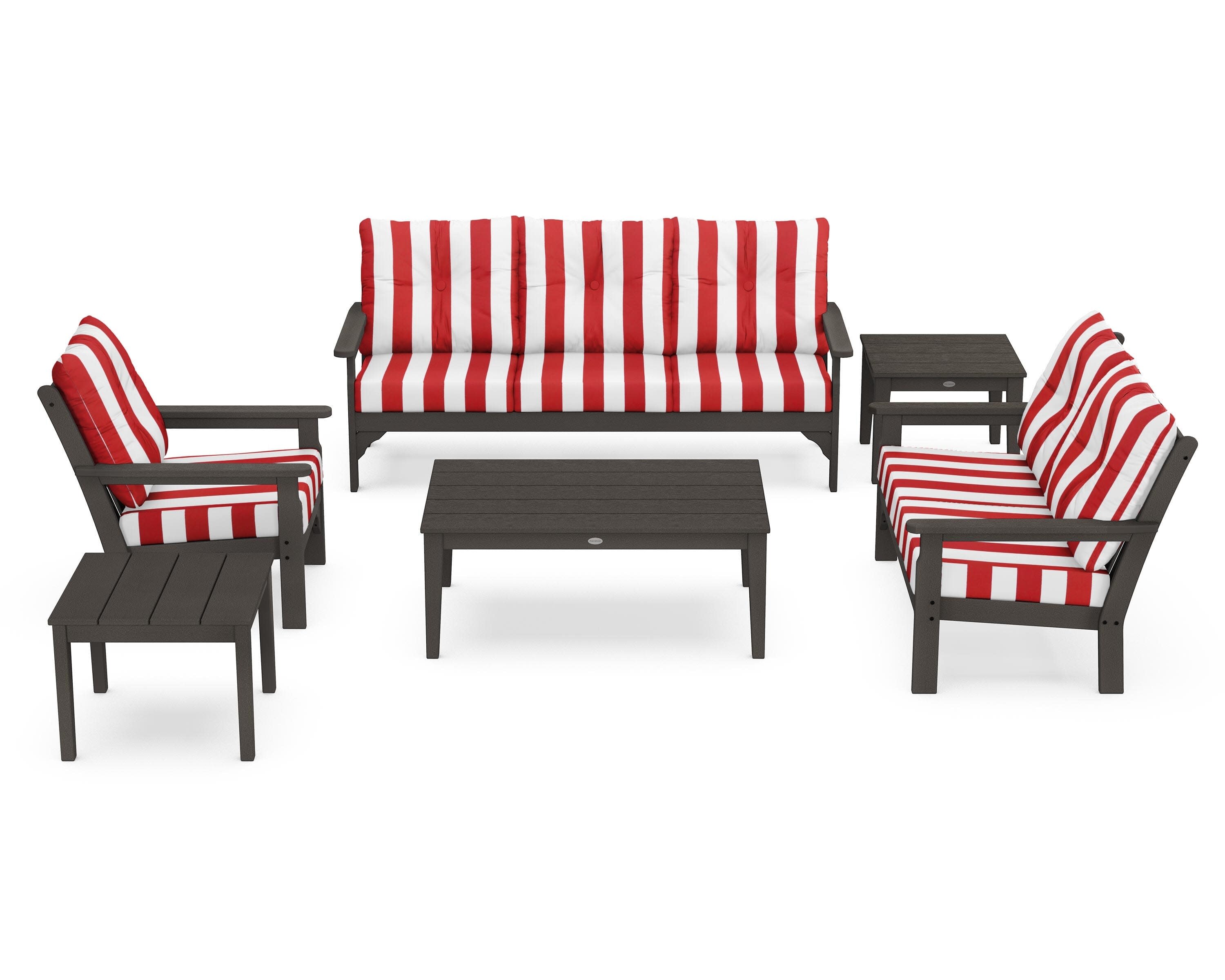 Vineyard 6-Piece Deep Seating Set in Vintage Coffee / Cabana Stripe Crimson