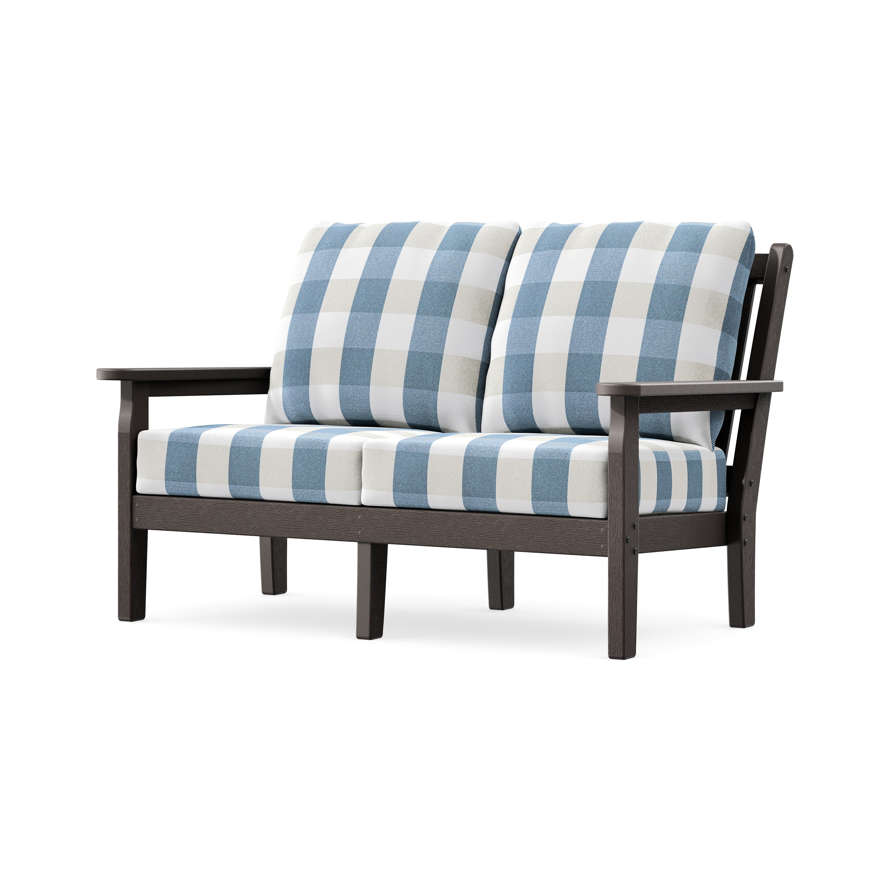 Chippendale Deep Seating Loveseat in Vintage Coffee / Buffalo Plaid Sky Blue