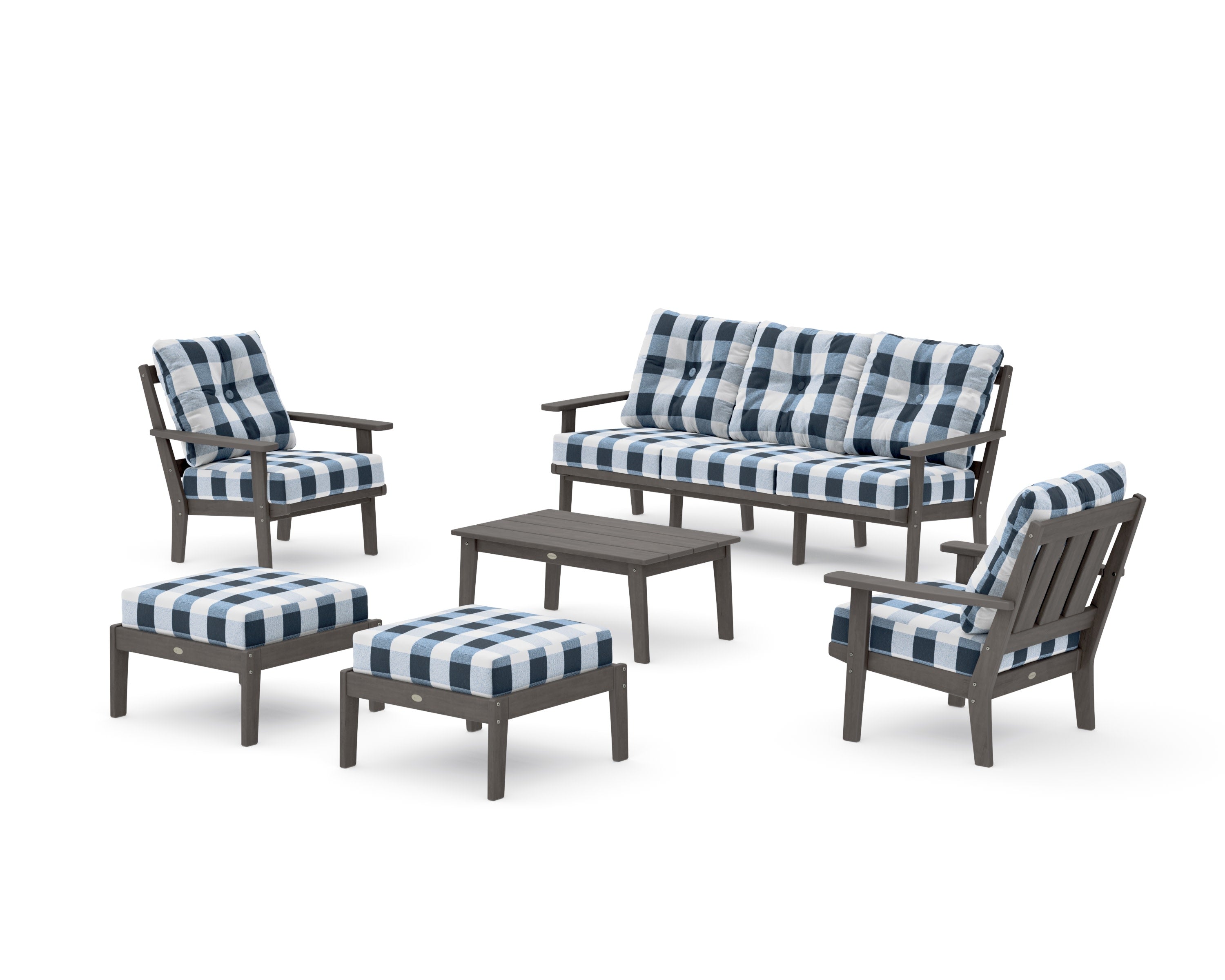 Oxford 6-Piece Lounge Sofa Set in Driftwood / Buffalo Plaid Marine Indigo