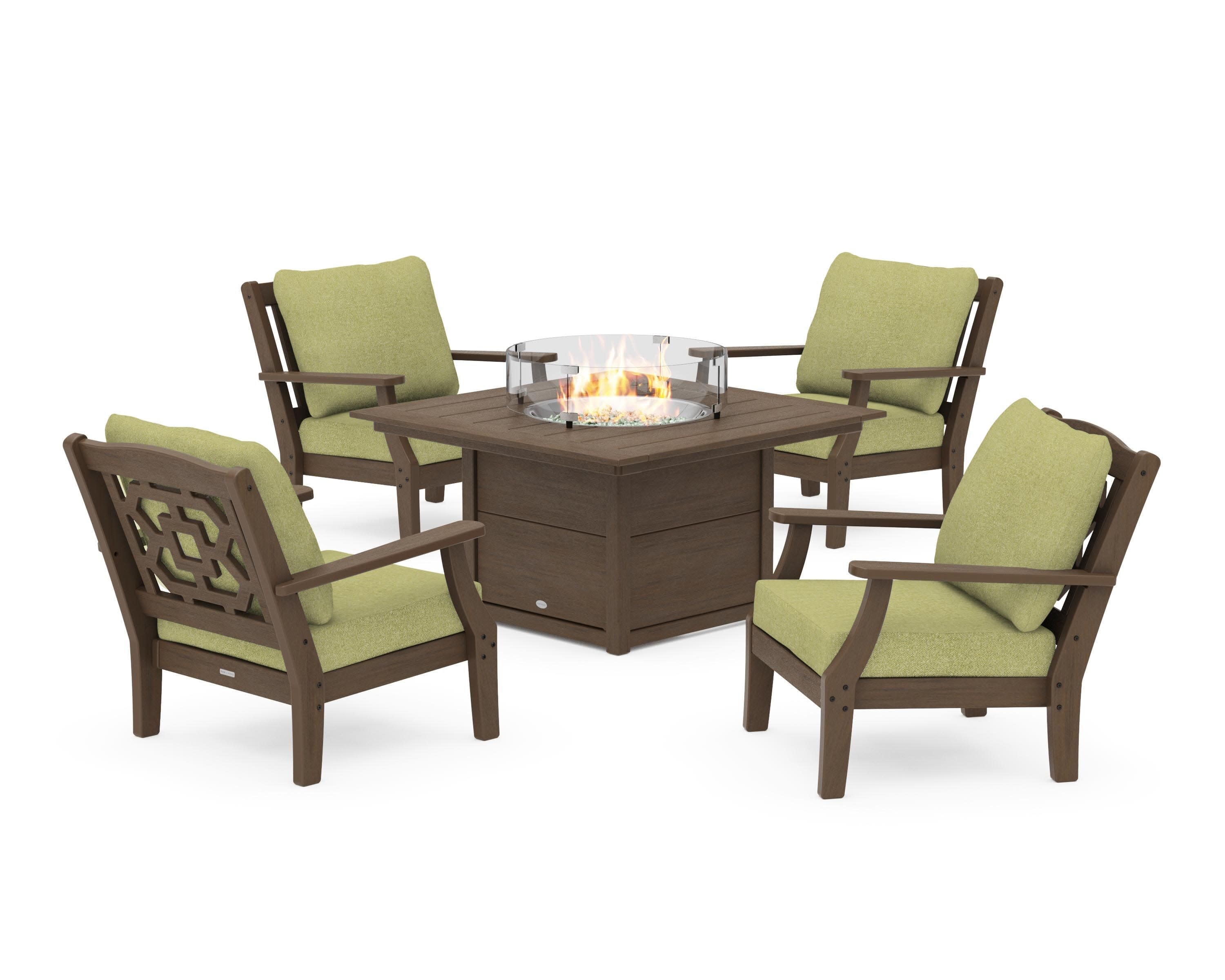 Chinoiserie 5-Piece Deep Seating Set with Fire Pit Table in Kona / Chartreuse Boucle