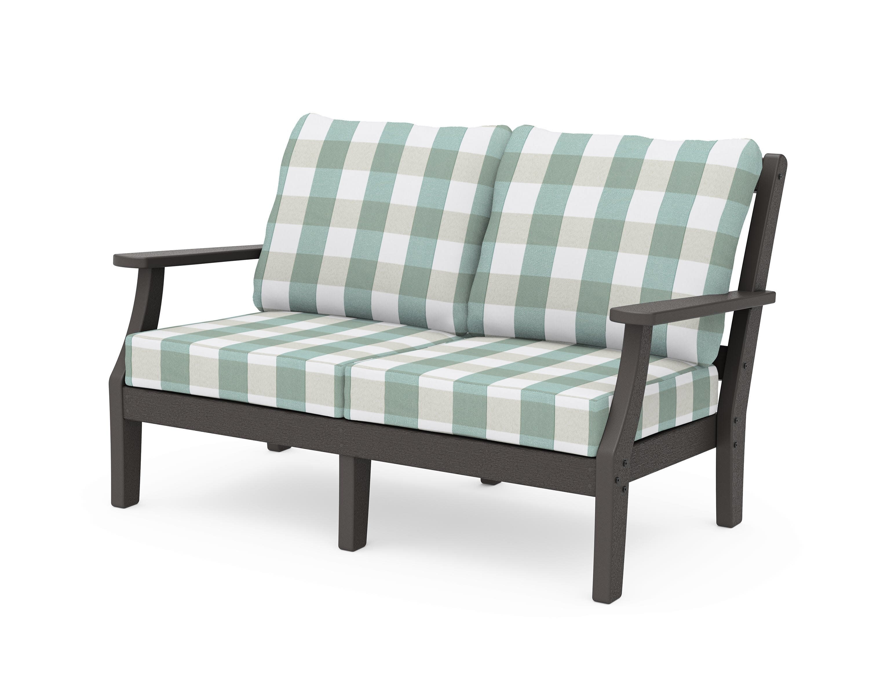 Chinoiserie Deep Seating Loveseat in Vintage Coffee / Buffalo Plaid Glacier Spa