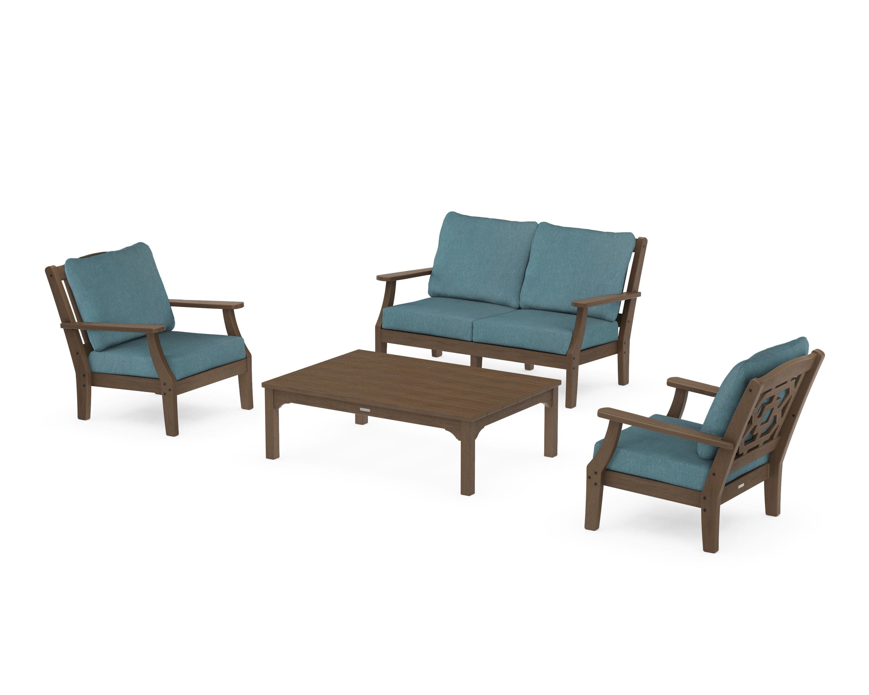 Chinoiserie 4-Piece Deep Seating Set with Loveseat in Kona / Ocean Teal