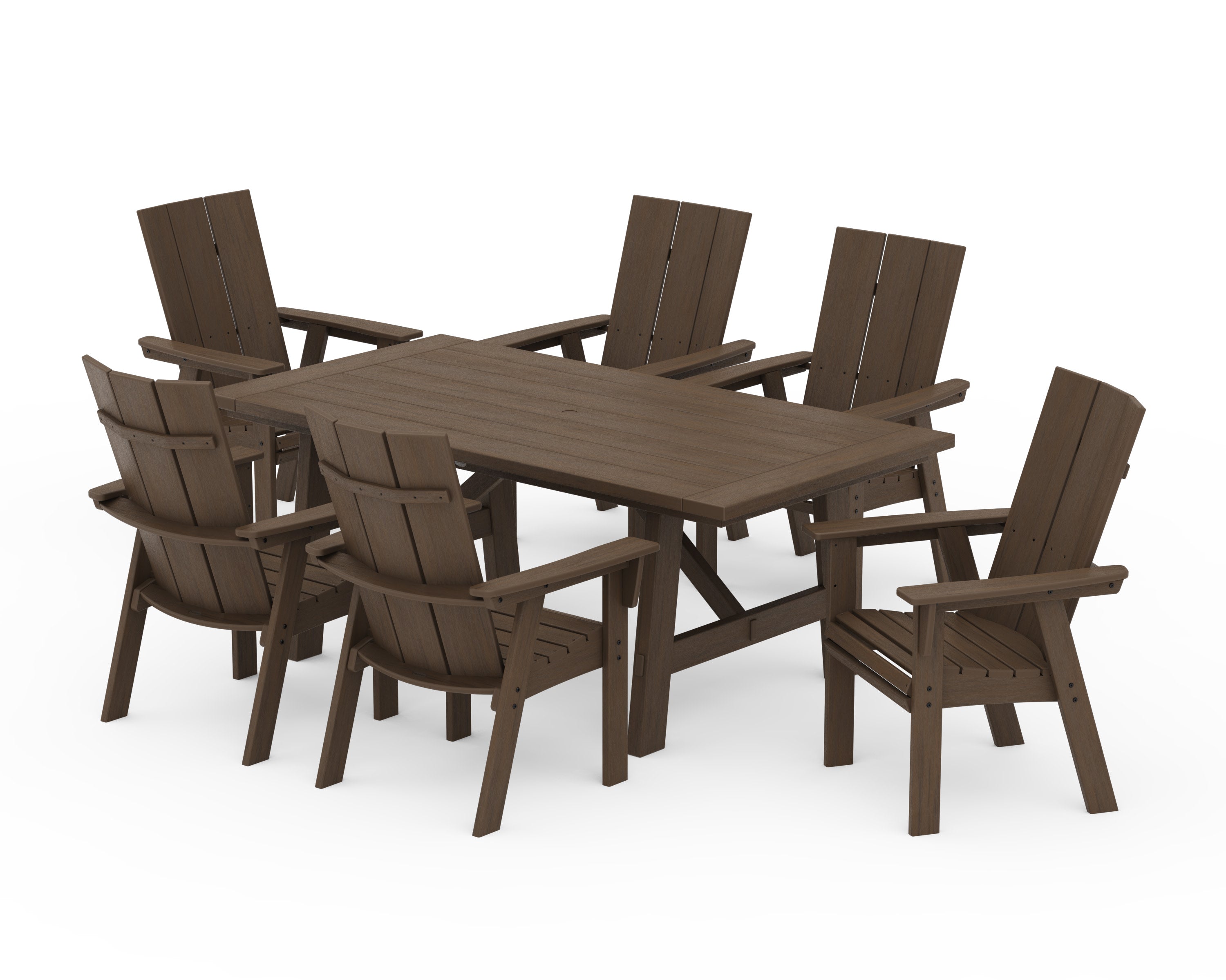 Modern Curveback Adirondack 7-Piece Rustic Farmhouse Dining Set in Kona