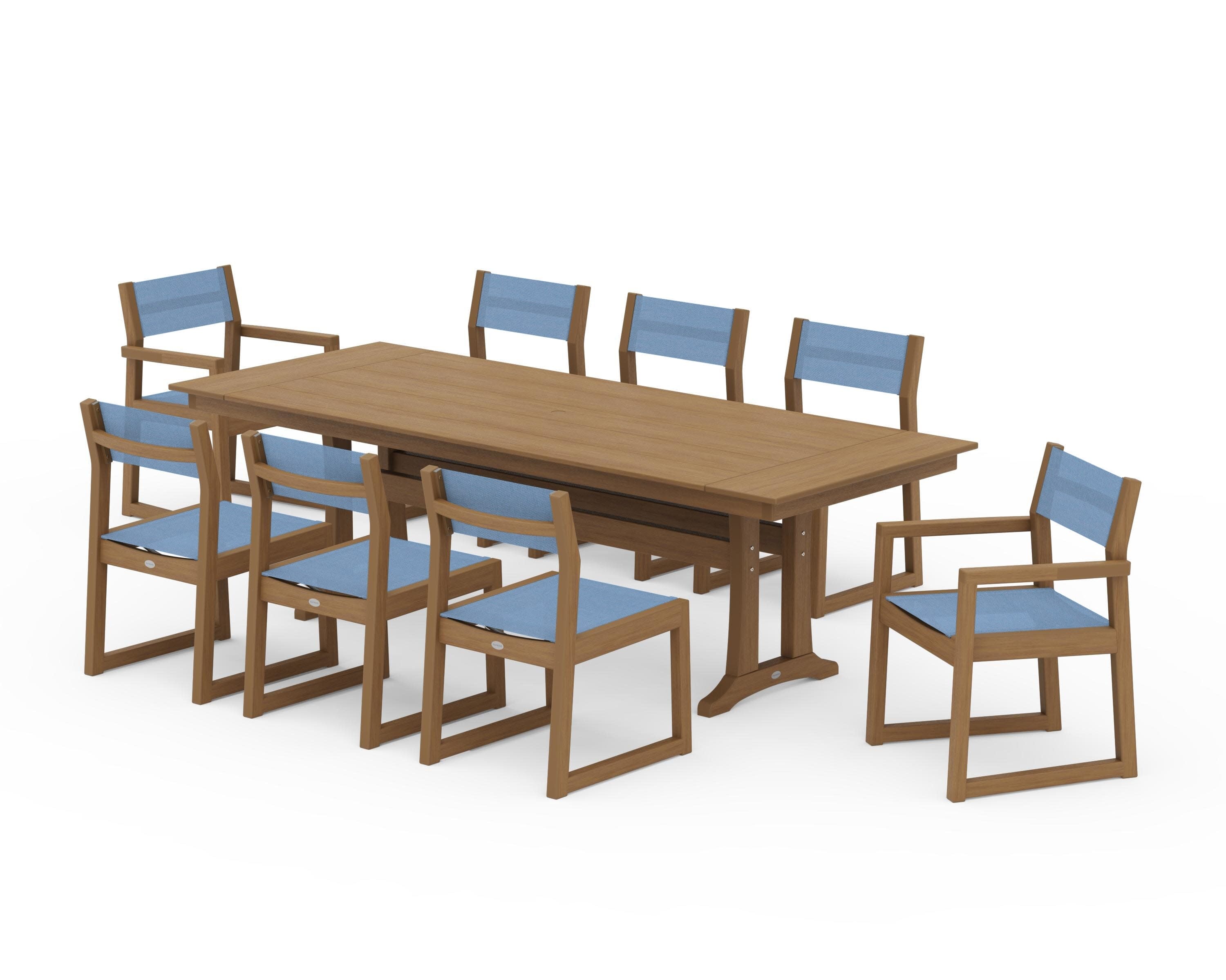 EDGE Sling 9-Piece Farmhouse Trestle Dining Set in Natural / Poolside Sling