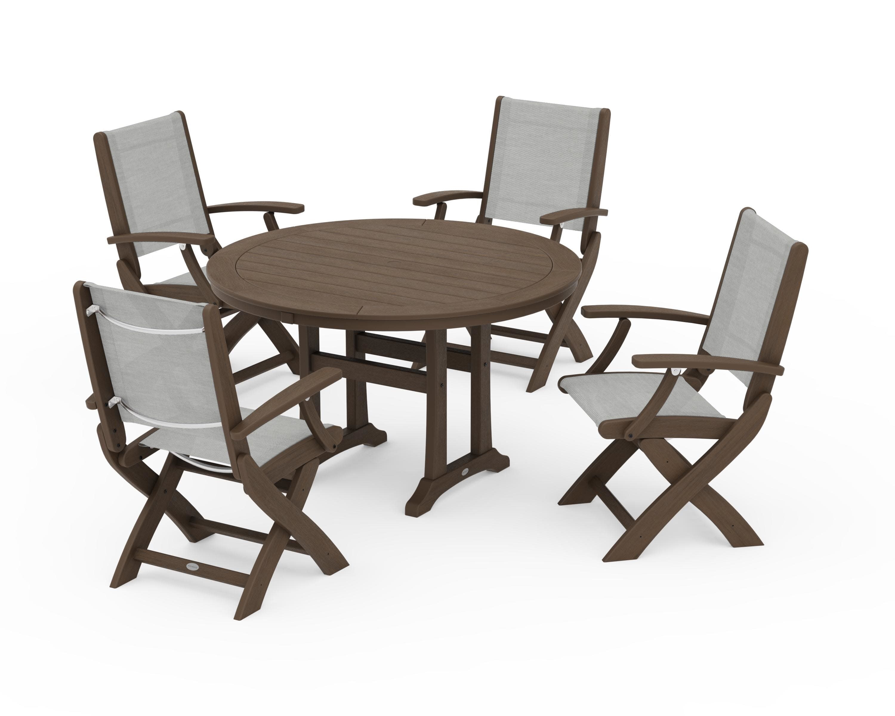 Coastal Folding Chair 5-Piece Round Dining Set with Trestle Legs in Kona / Metallic Sling