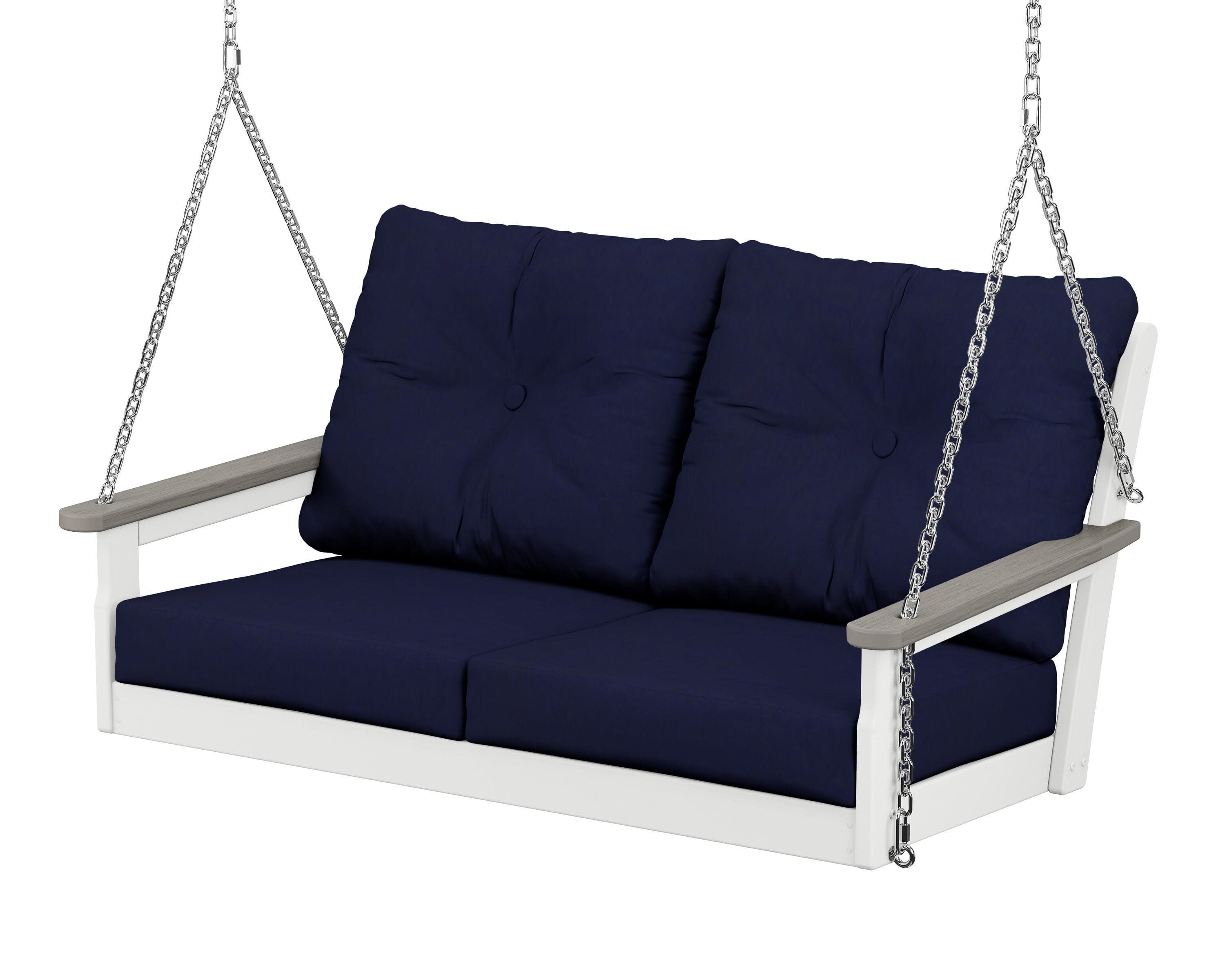 Vineyard Deep Seating Swing in White / Driftwood / Navy