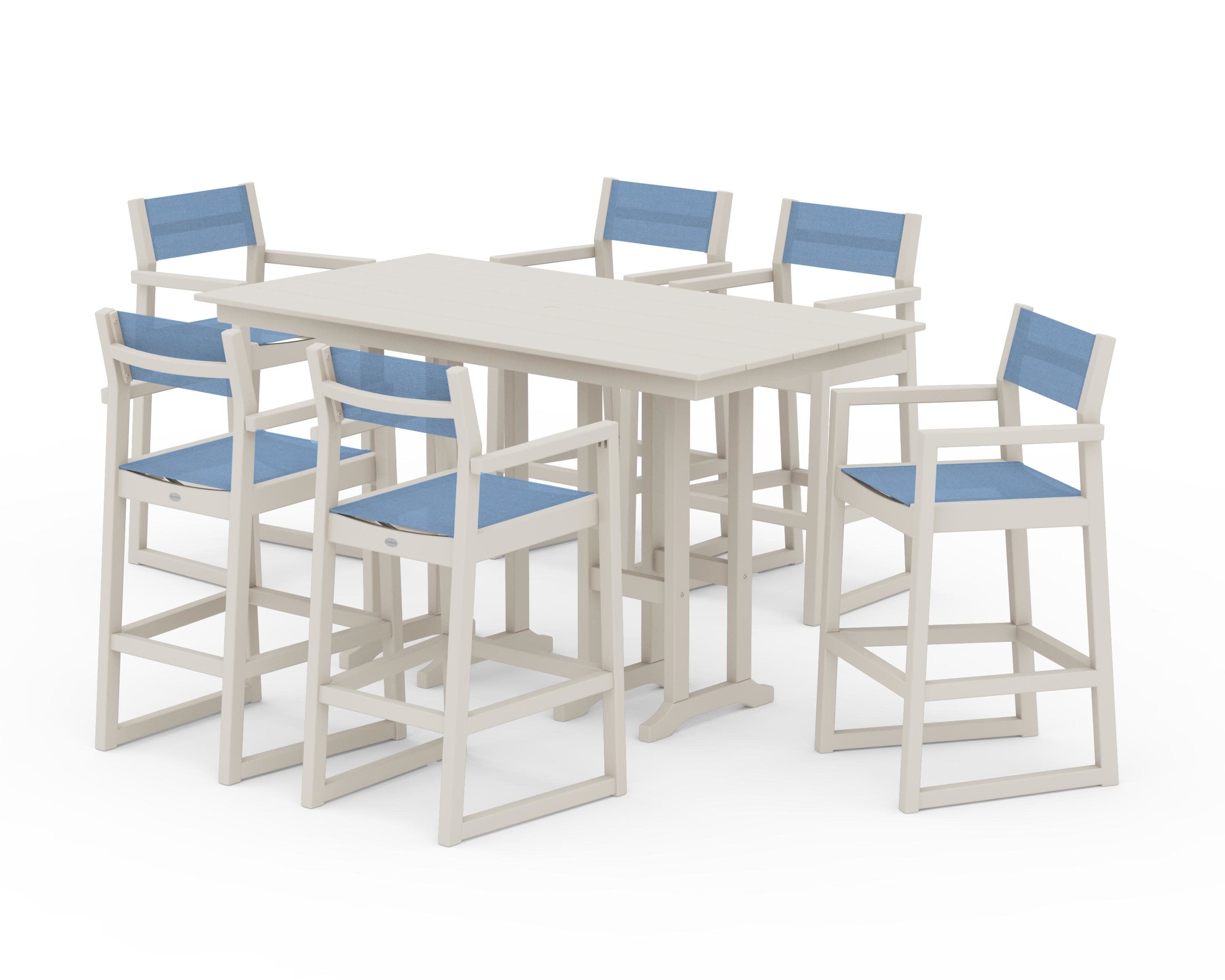 EDGE Sling Arm Chair 7-Piece Farmhouse Bar Set in Sand / Poolside Sling