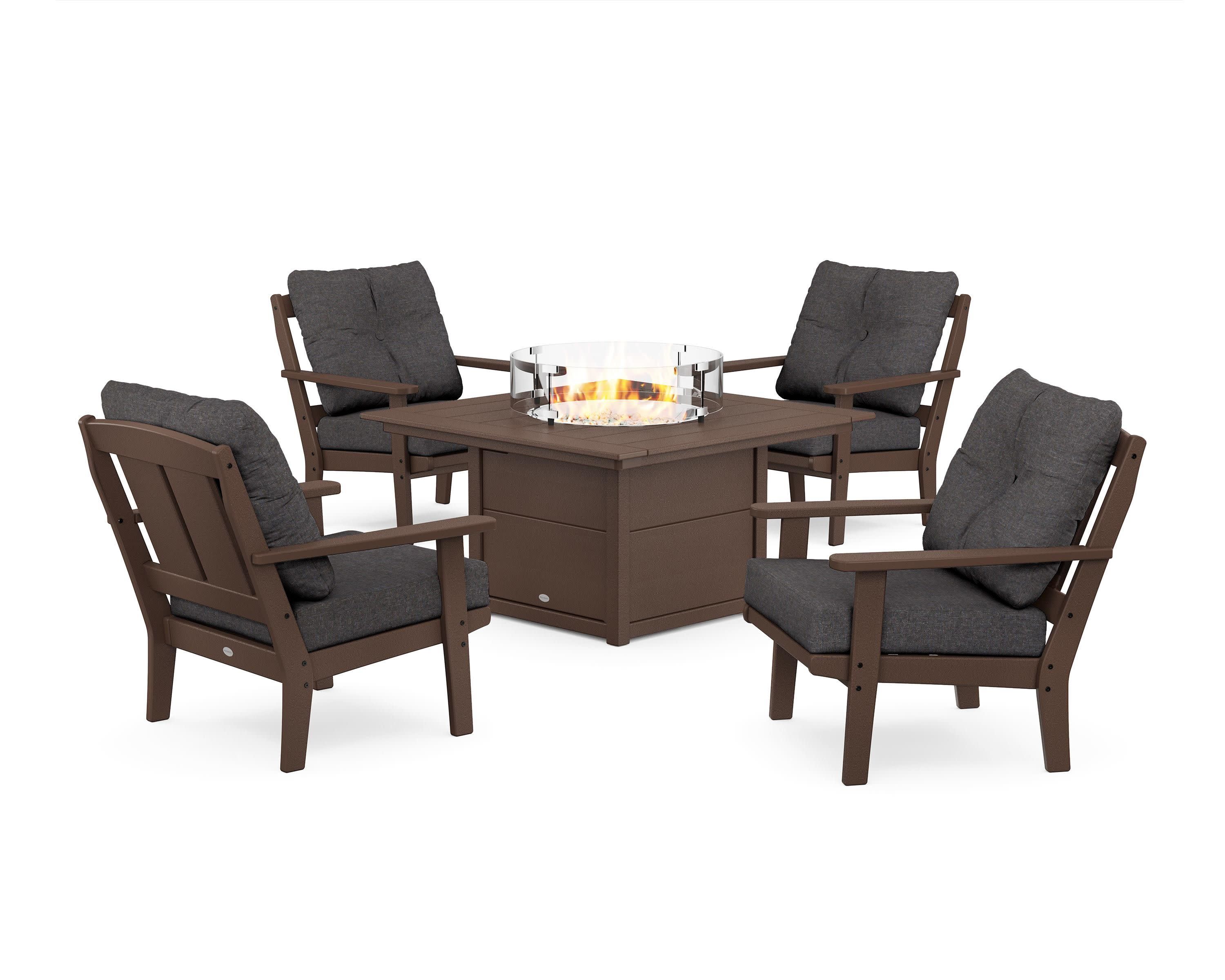 Mission 5-Piece Deep Seating Set with Fire Pit Table in Mahogany / Ash Charcoal