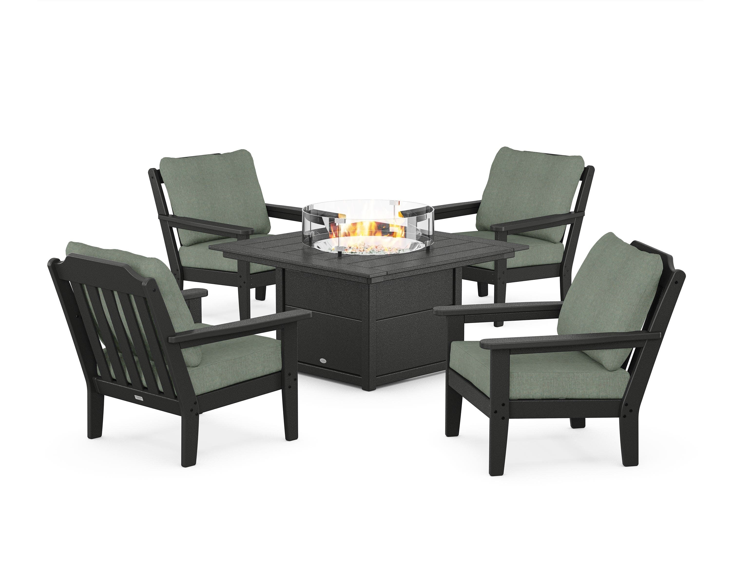 Cottage 5-Piece Deep Seating Set with Fire Pit Table in Black / Cast Sage