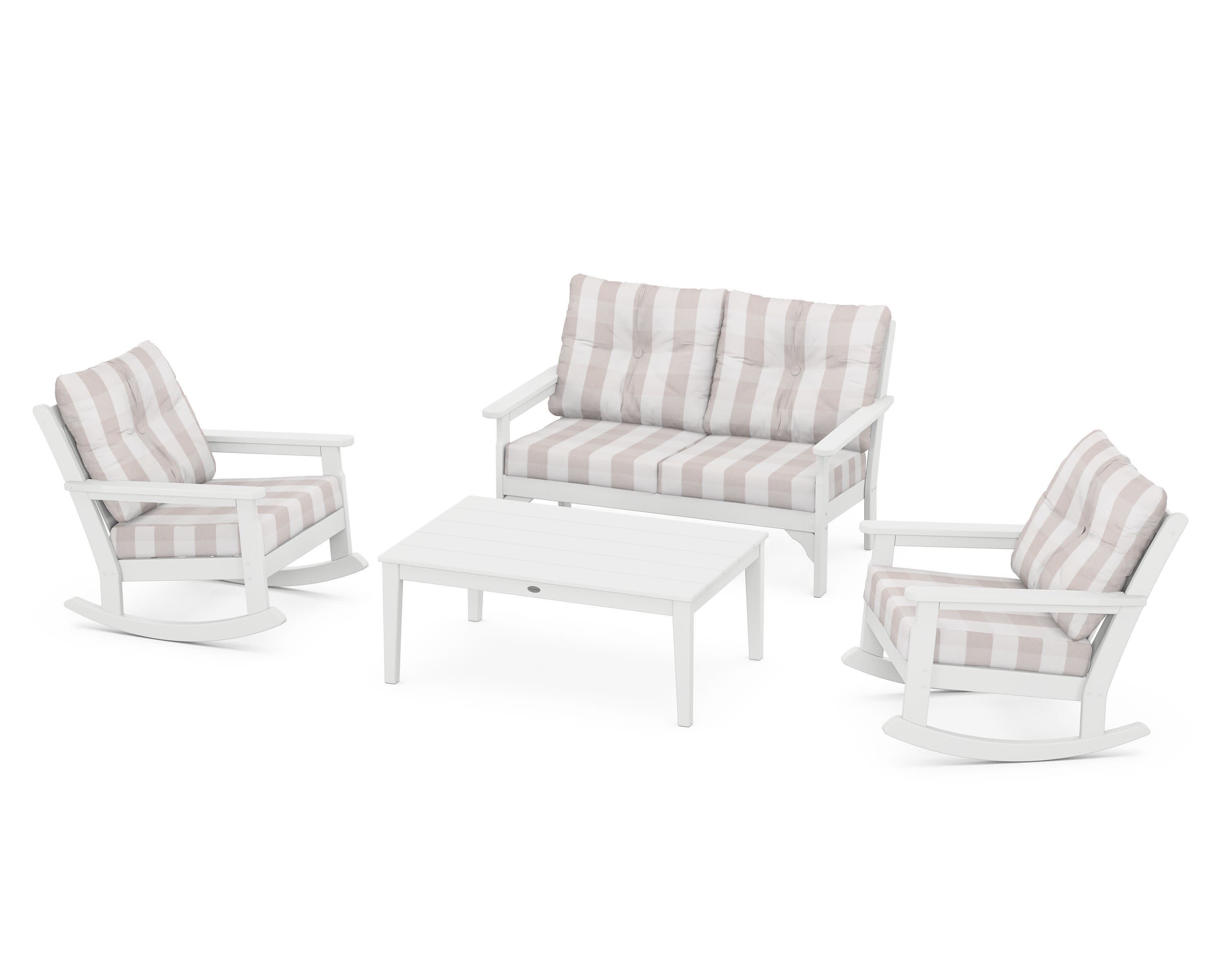 Vineyard 4-Piece Deep Seating Rocking Chair Set in White / Buffalo Plaid Dune Burlap