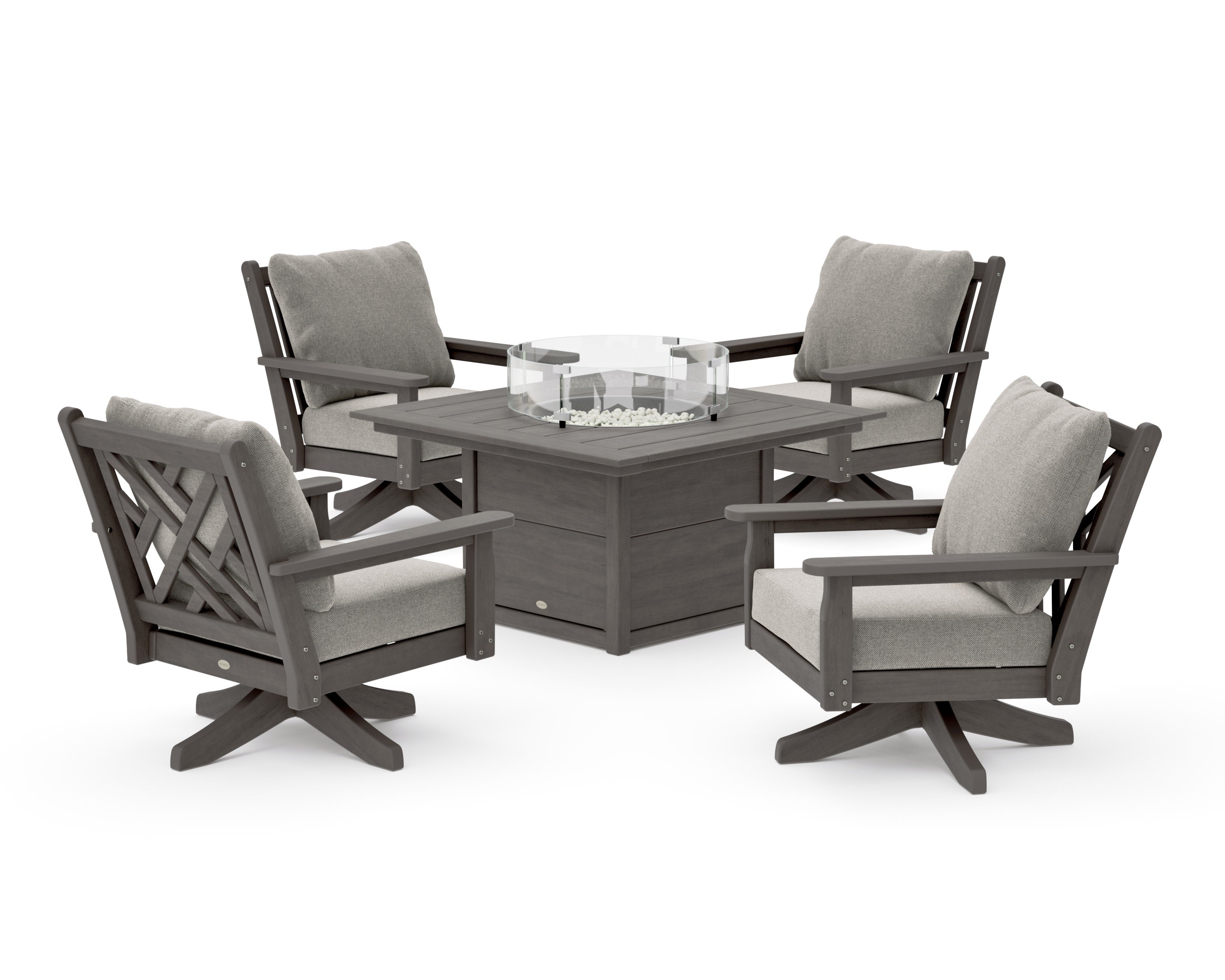 Chippendale 5-Piece Deep Seating Swivel Conversation Set with Fire Pit Table in Driftwood / Weathered Tweed