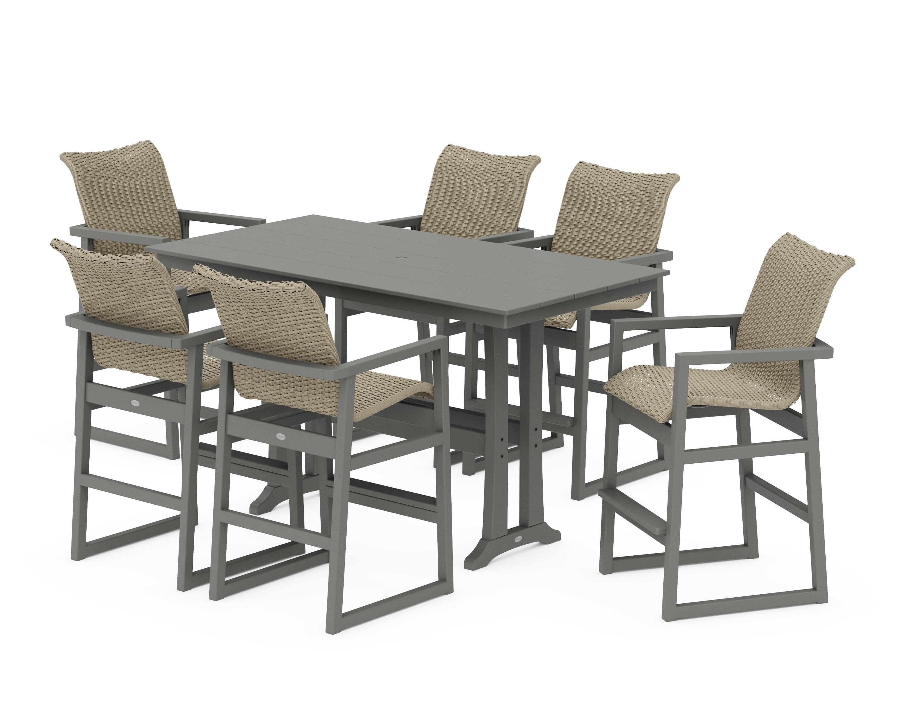 EDGE Woven Arm Chair 7-Piece Farmhouse Bar Set with Trestle Legs