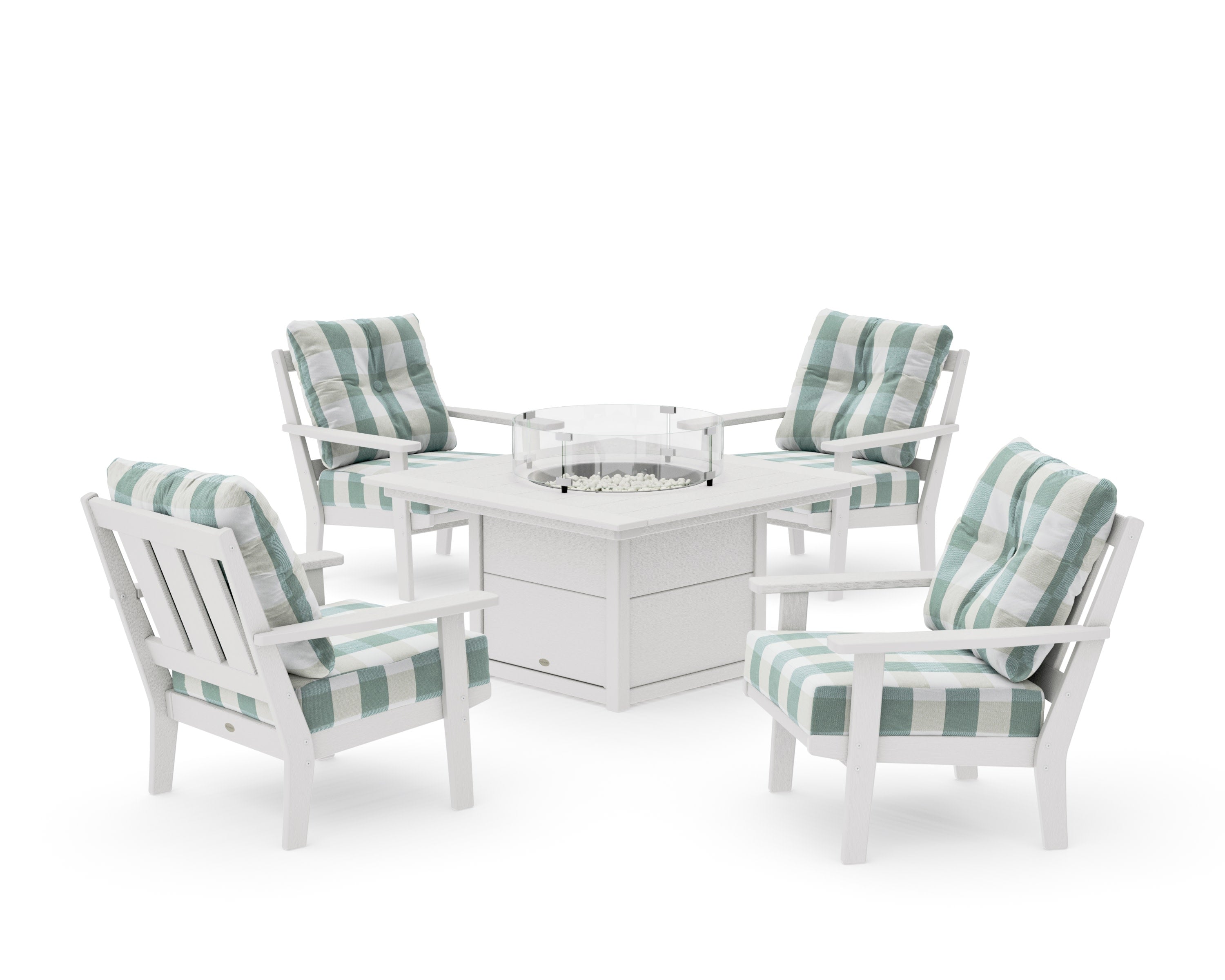 Oxford 5-Piece Deep Seating Set with Fire Pit Table in Vintage White / Buffalo Plaid Glacier Spa