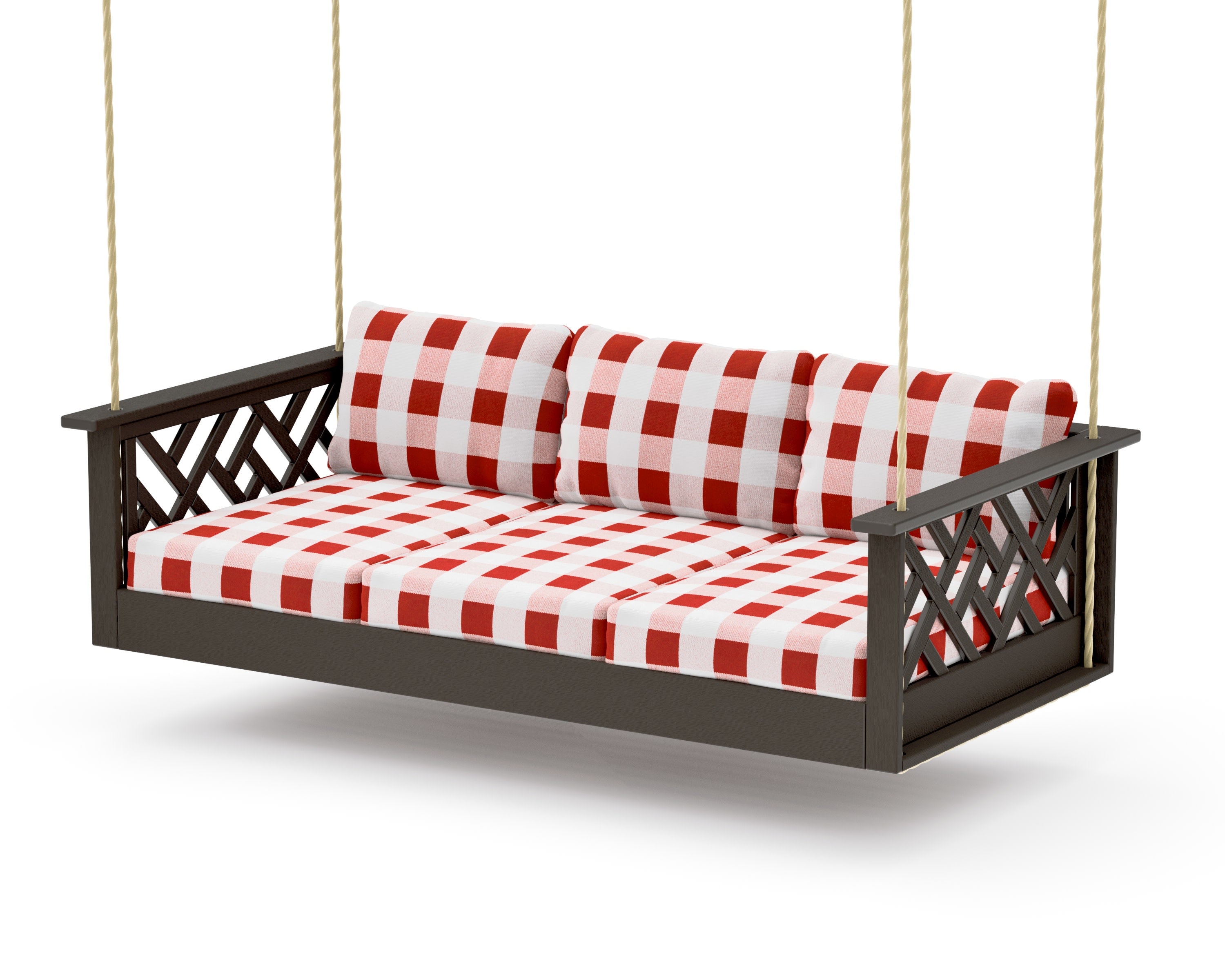 Chippendale Daybed Swing in Vintage Coffee / Buffalo Plaid Crimson