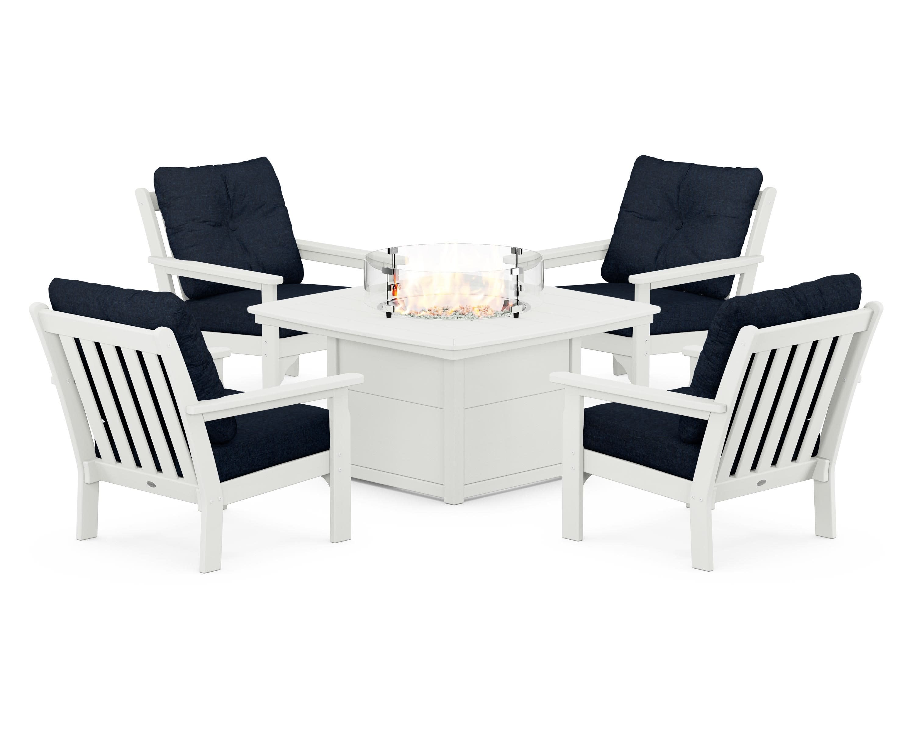 Vineyard 5-Piece Conversation Set with Fire Pit Table in Vintage White / Marine Indigo
