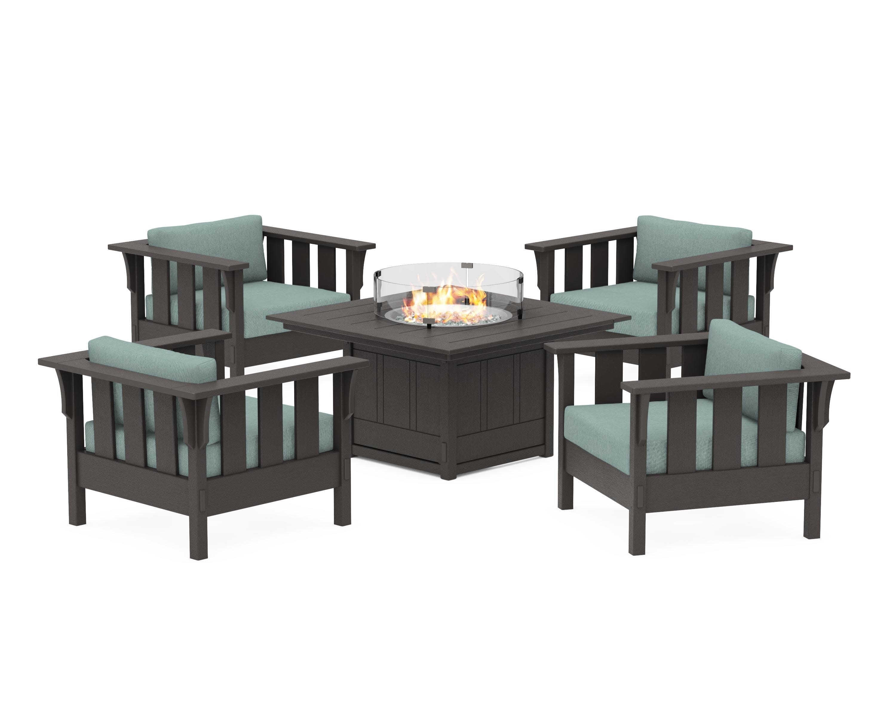 Acadia 5-Piece Deep Seating Set with Fire Pit Table in Vintage Coffee / Glacier Spa
